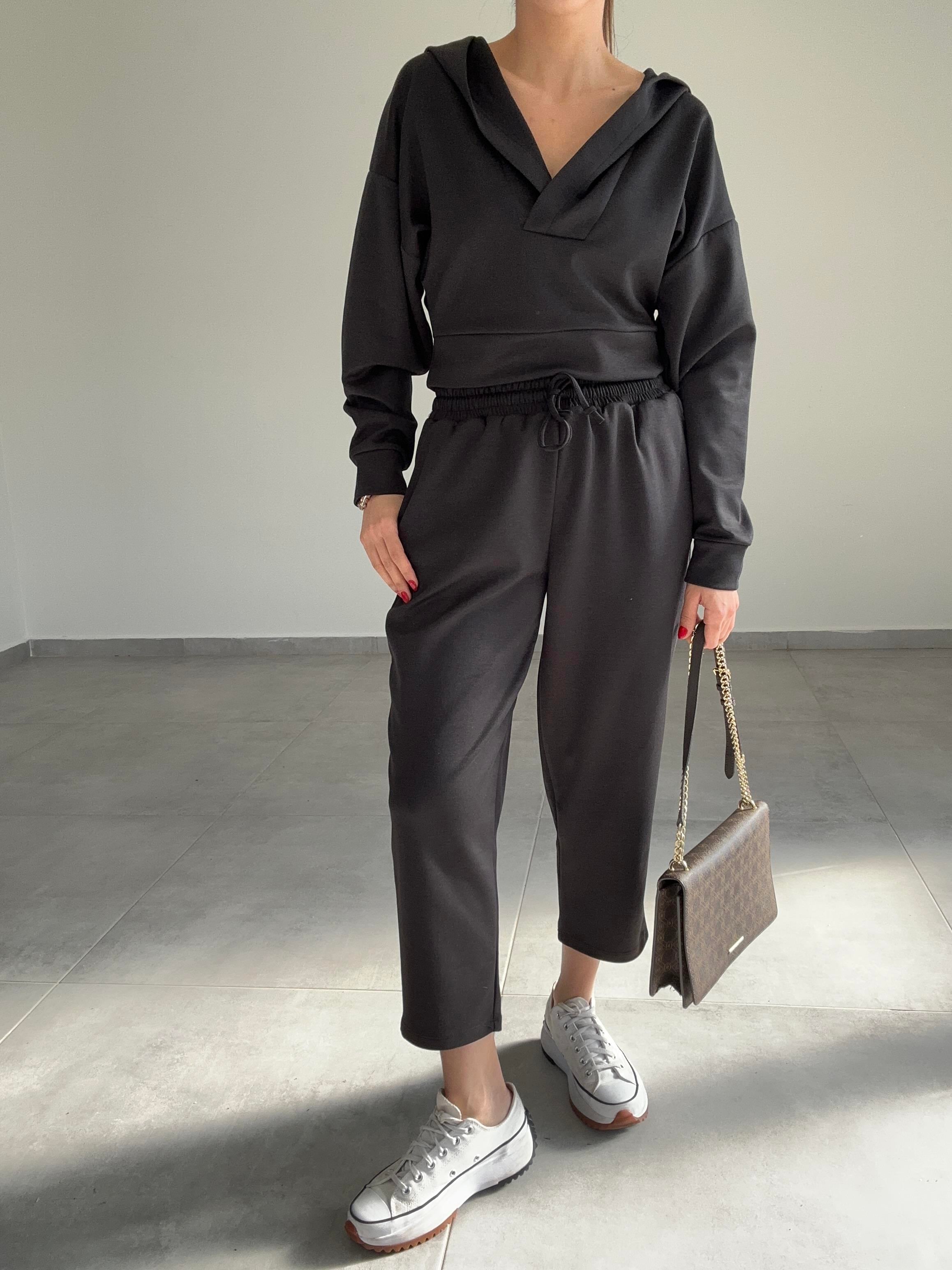Modal Esnek Kumaş Crop Takım-Siyah