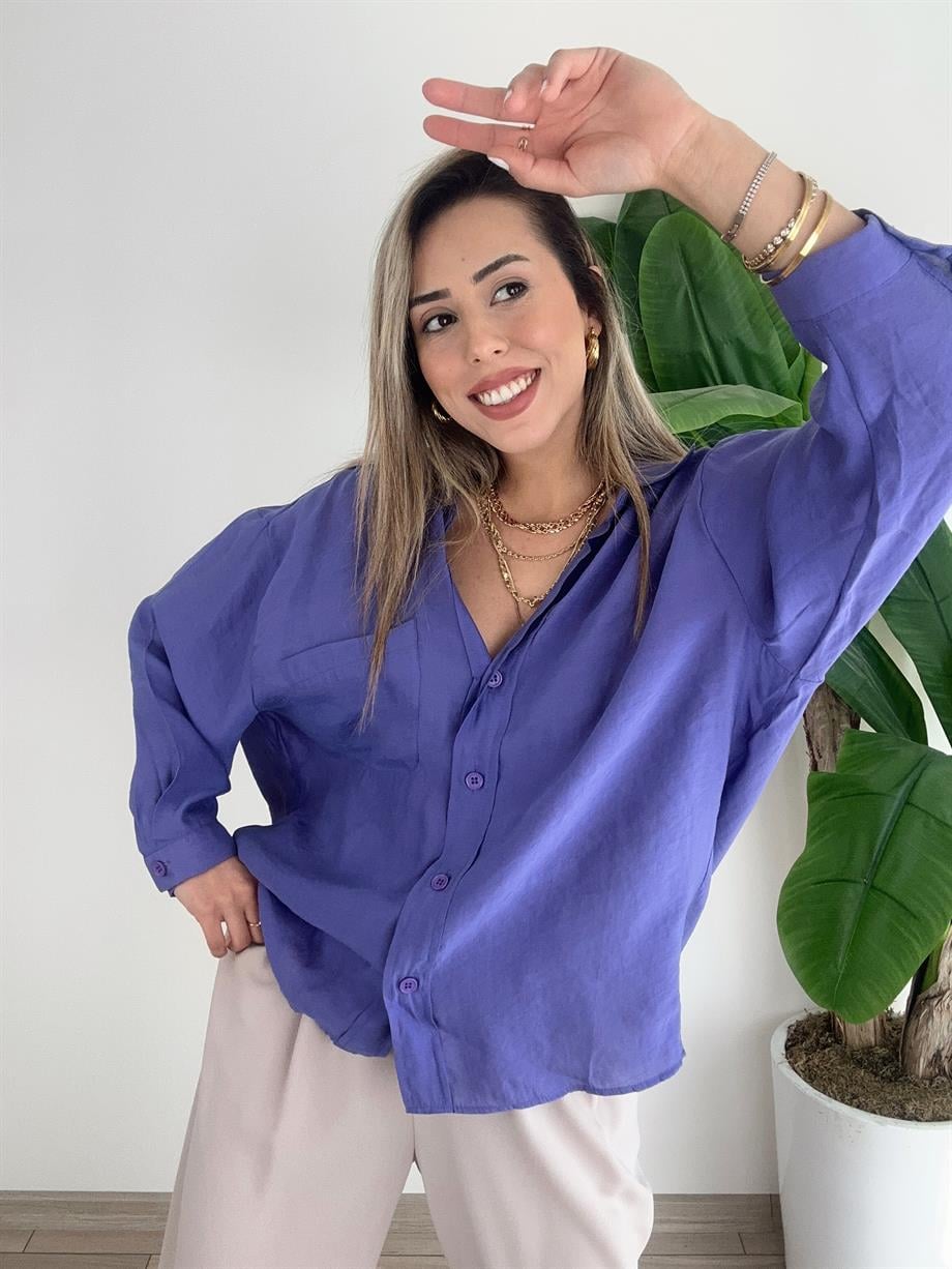 Mor Düşük Omuz Gömlek
