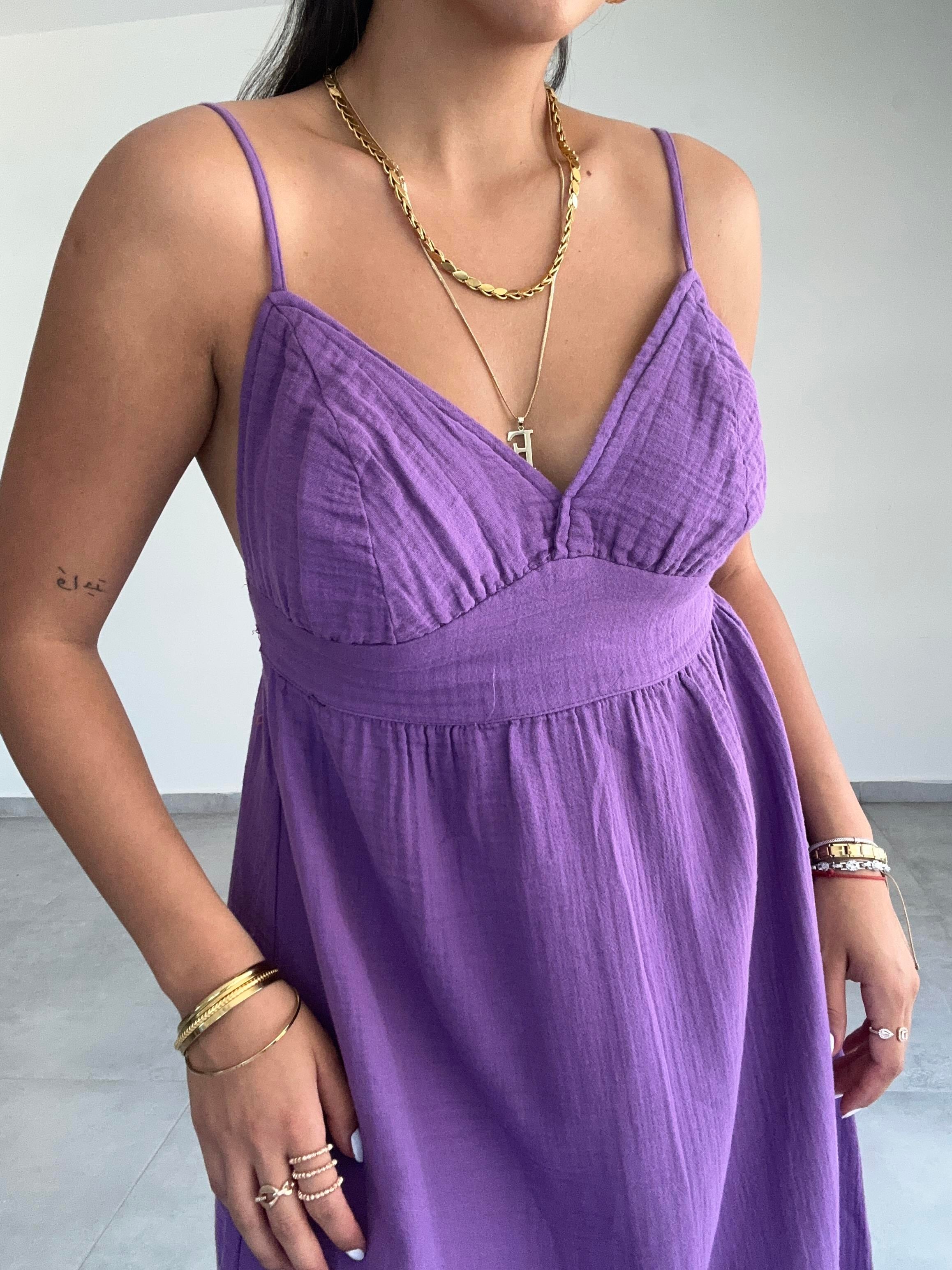 Mor Müslin Askılı Sırt Açık Elbise