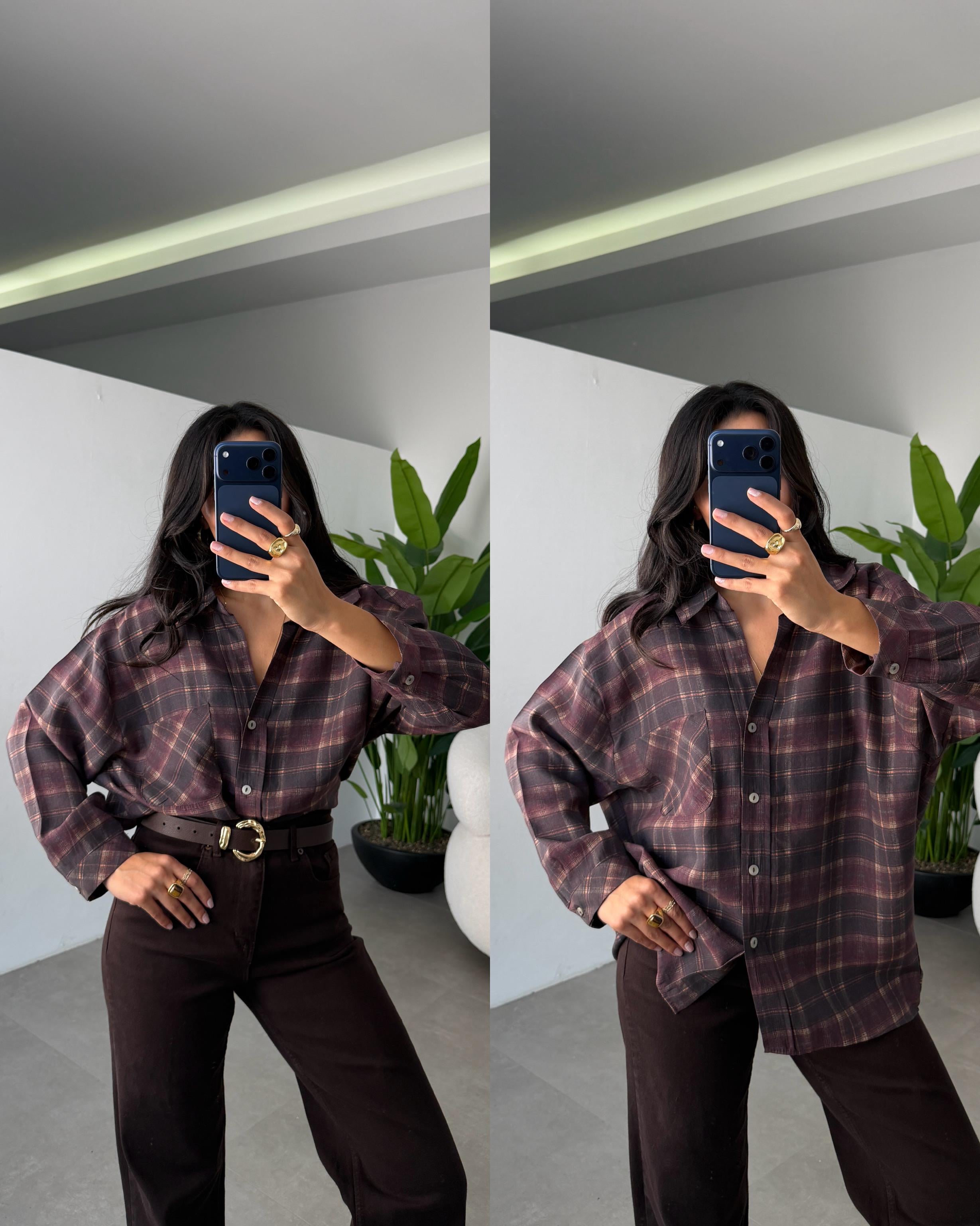 Mürdüm Baskılı Oversize Gömlek