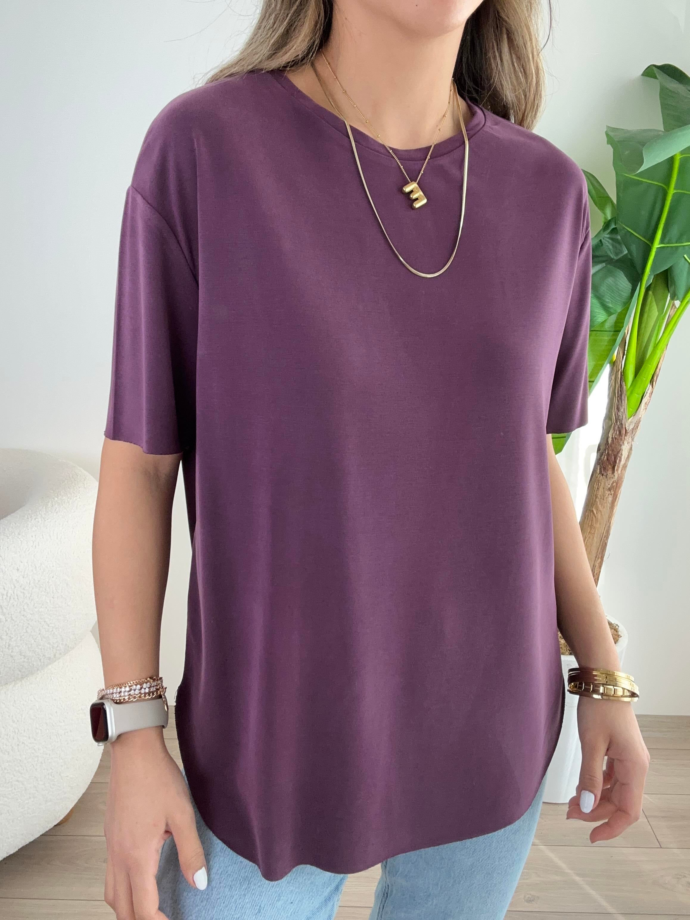 Mürdüm Modal Kumaş Bisiklet Yaka Tişört