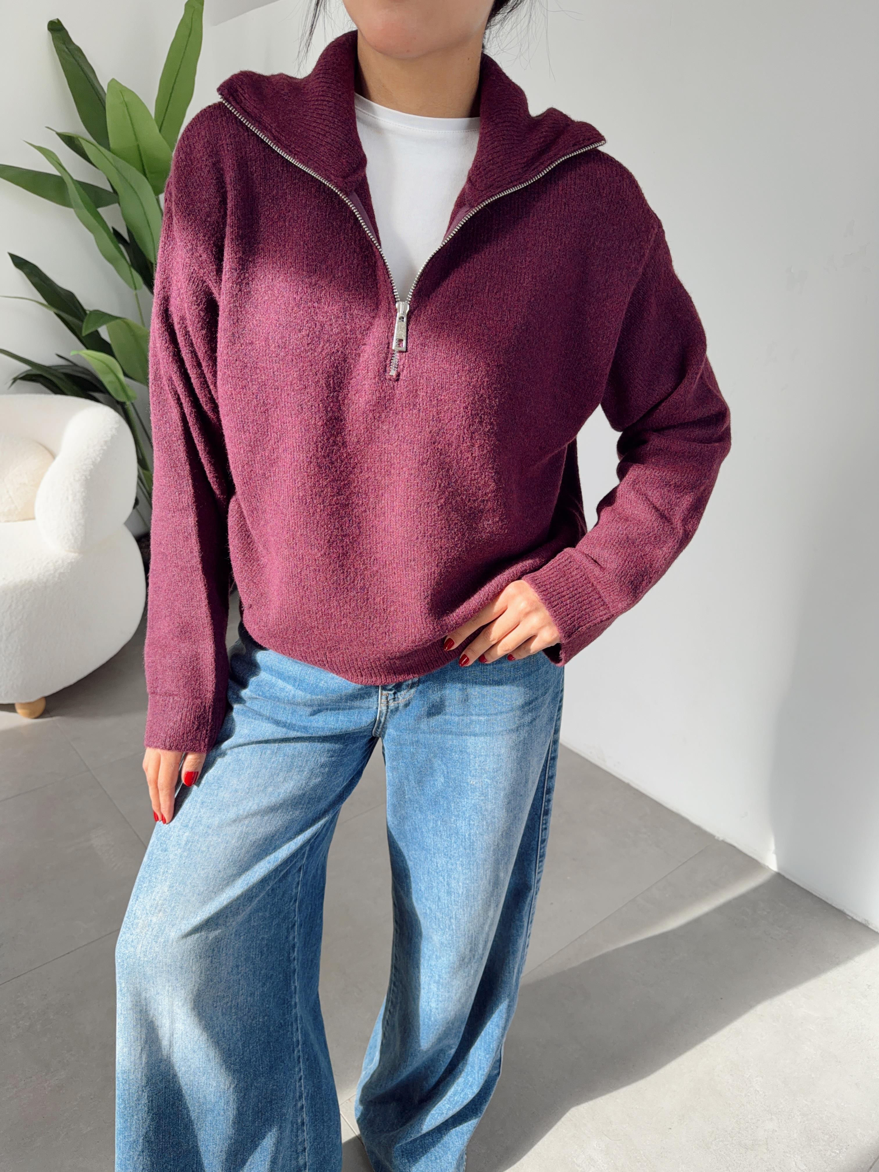 Mürdüm Yakası Fermuarlı Triko Kazak