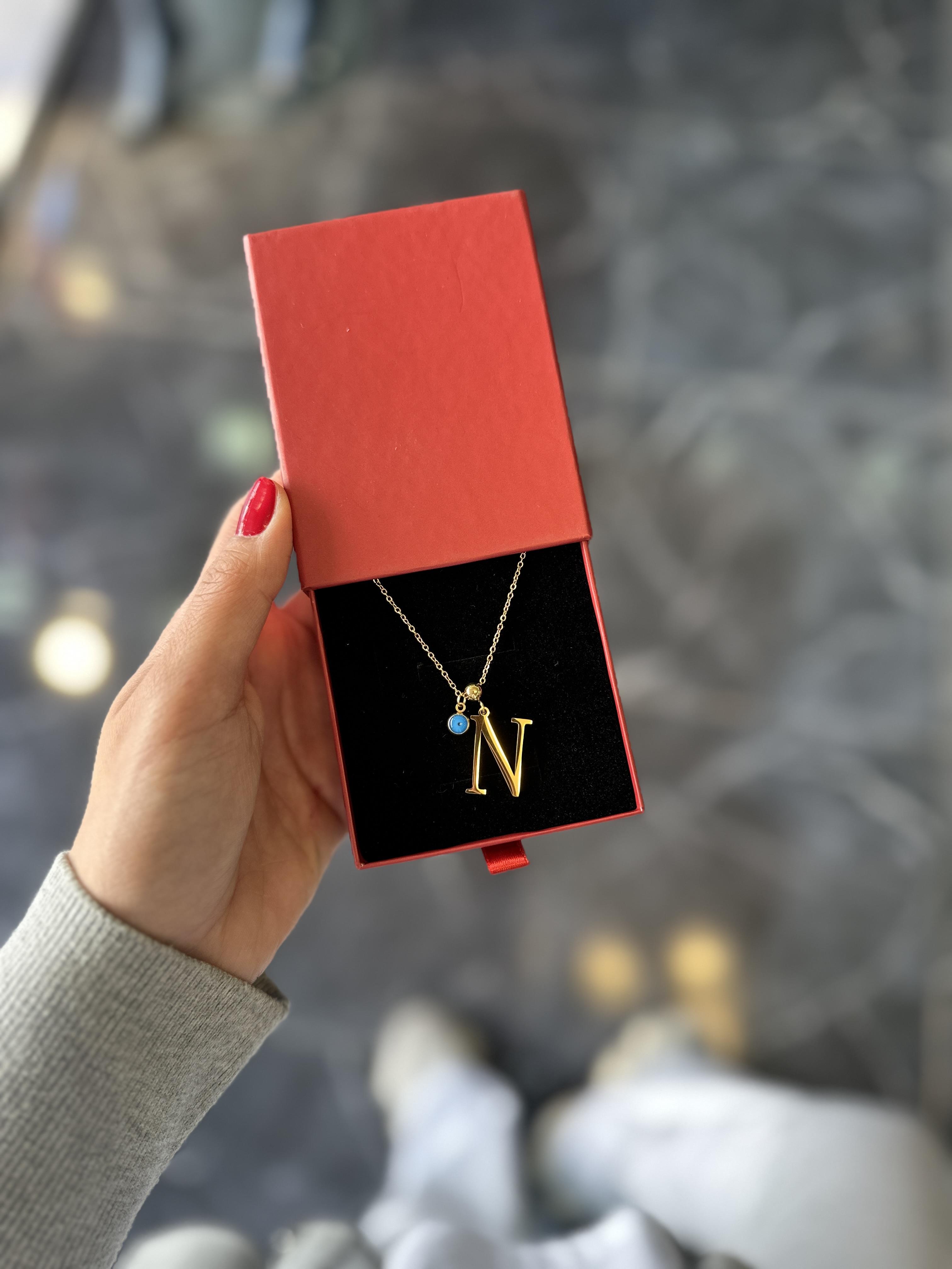 N Gold Nazar Boncuklu Harf Çelik Kolye