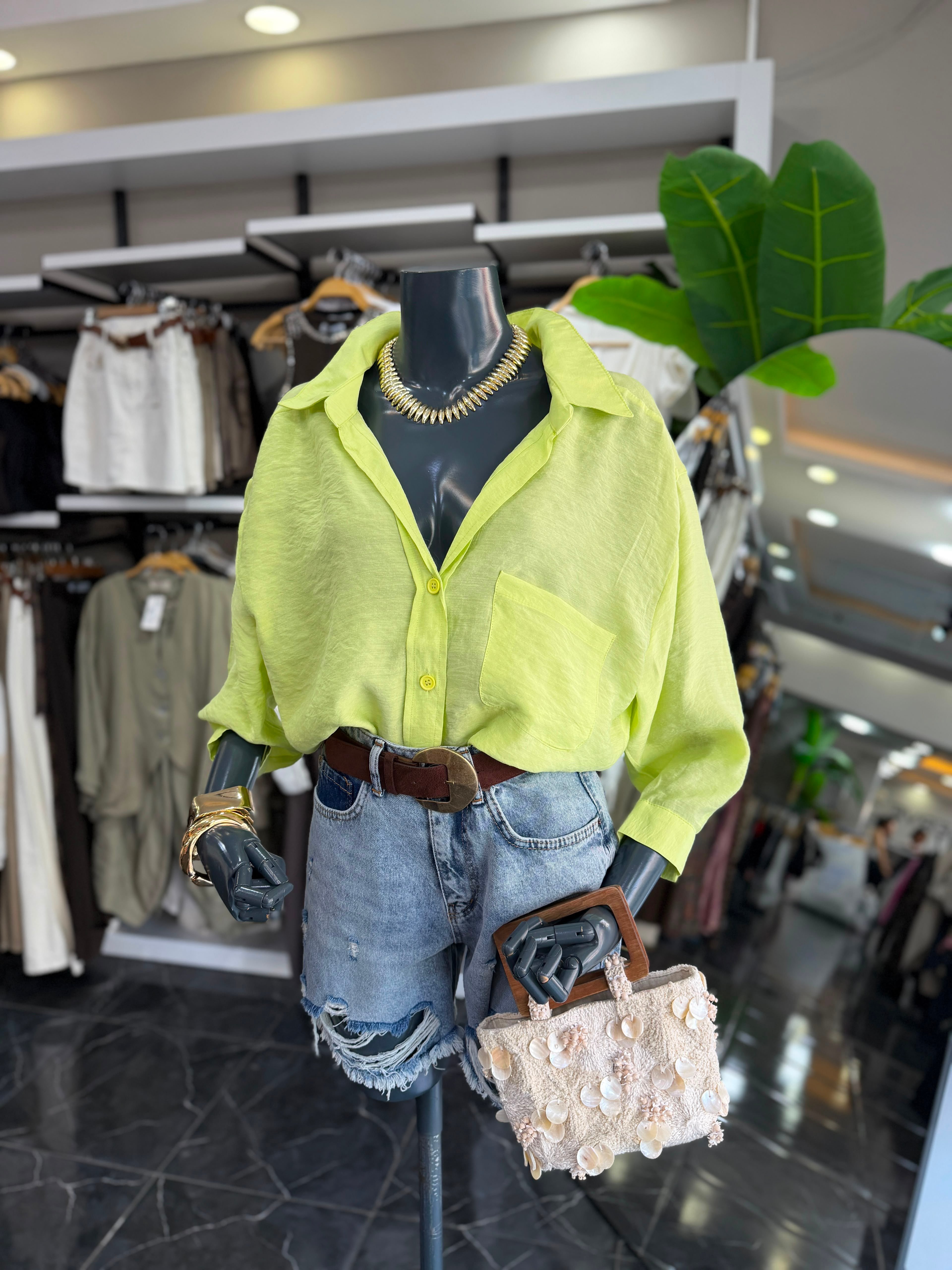 Neon Sarı Düşük Omuz Oversize Gömlek