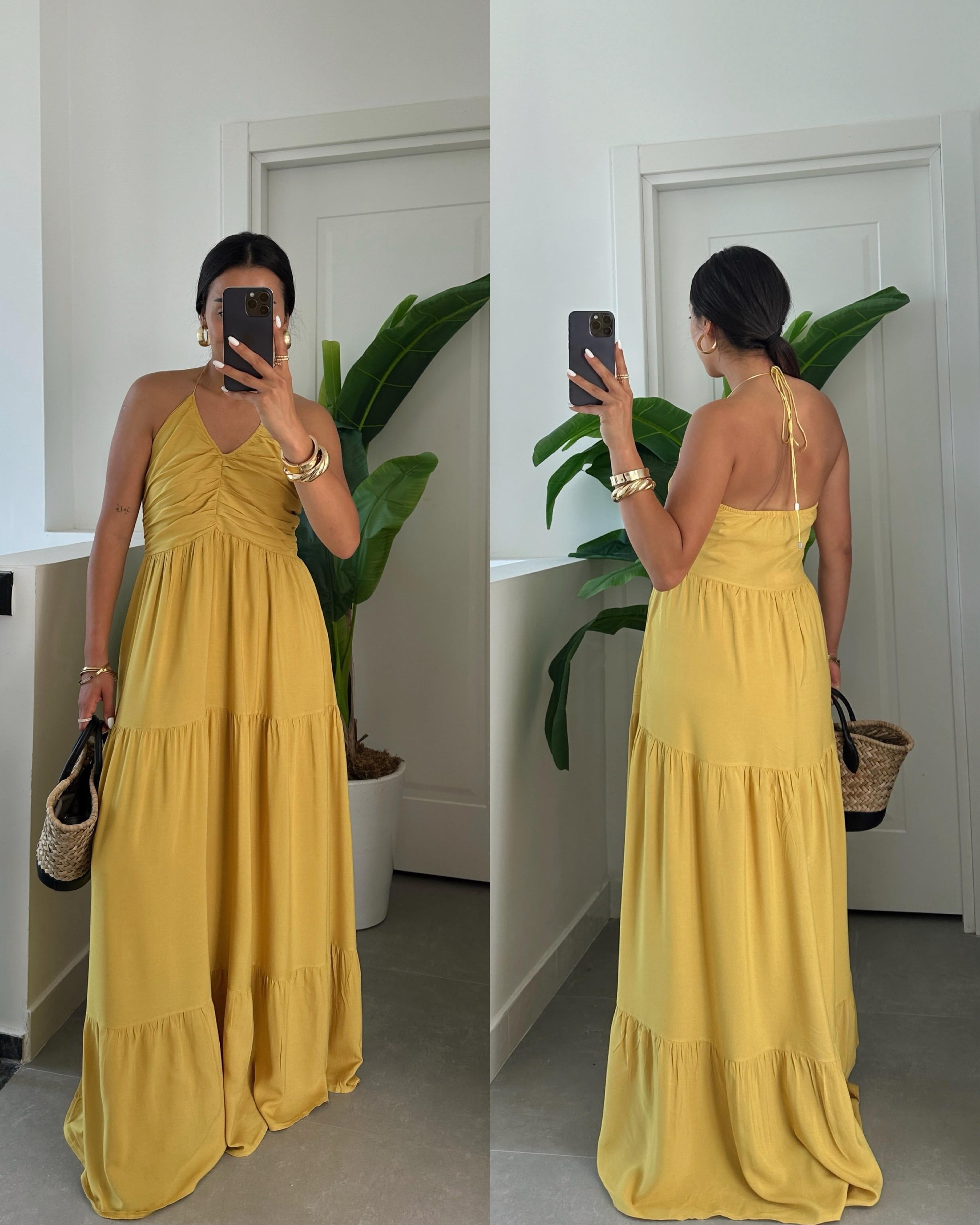 Olive Büzgü Detay Salaş Elbise