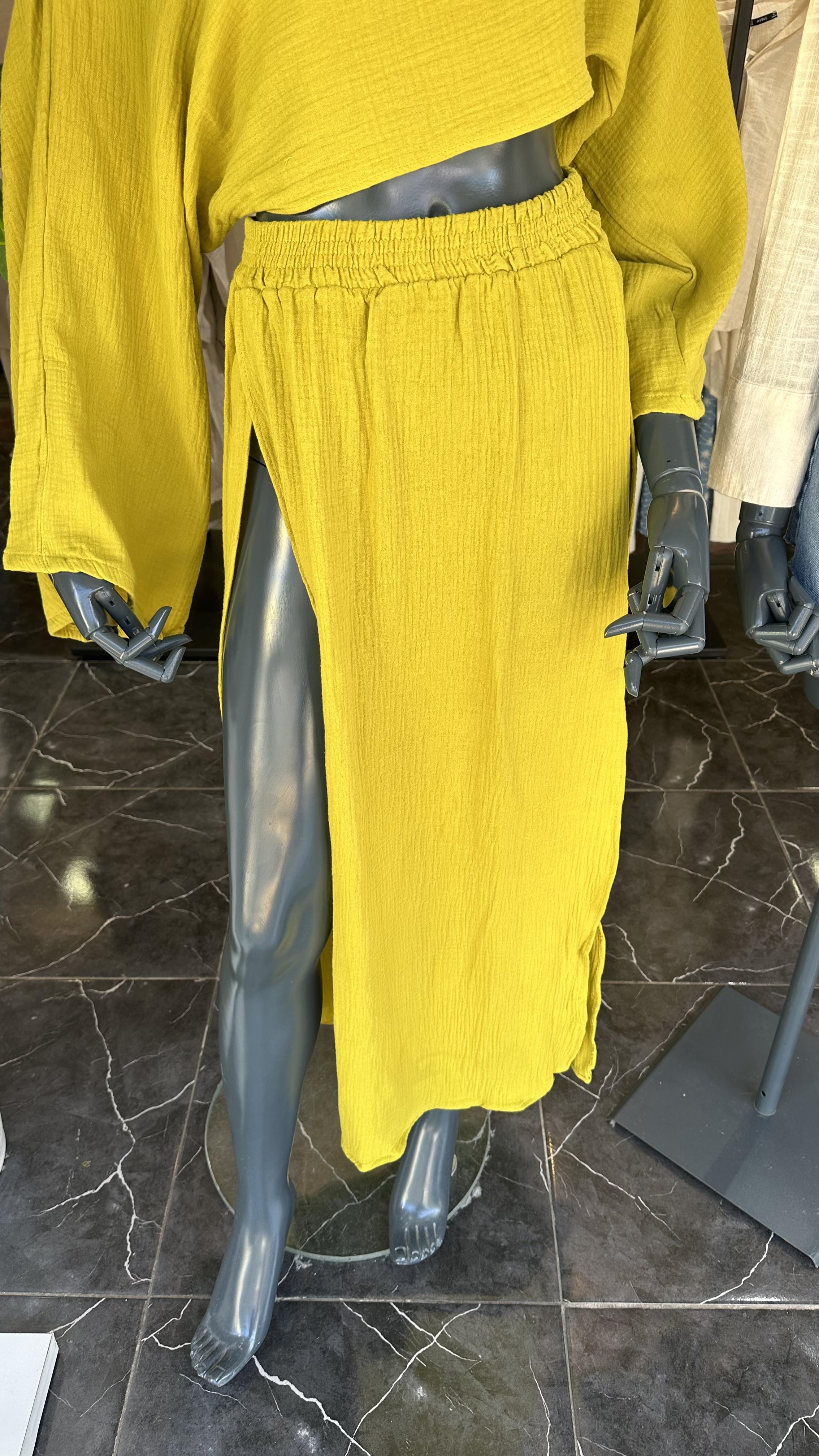 Olive Yanları Yırtmaçlı Müslin Etek