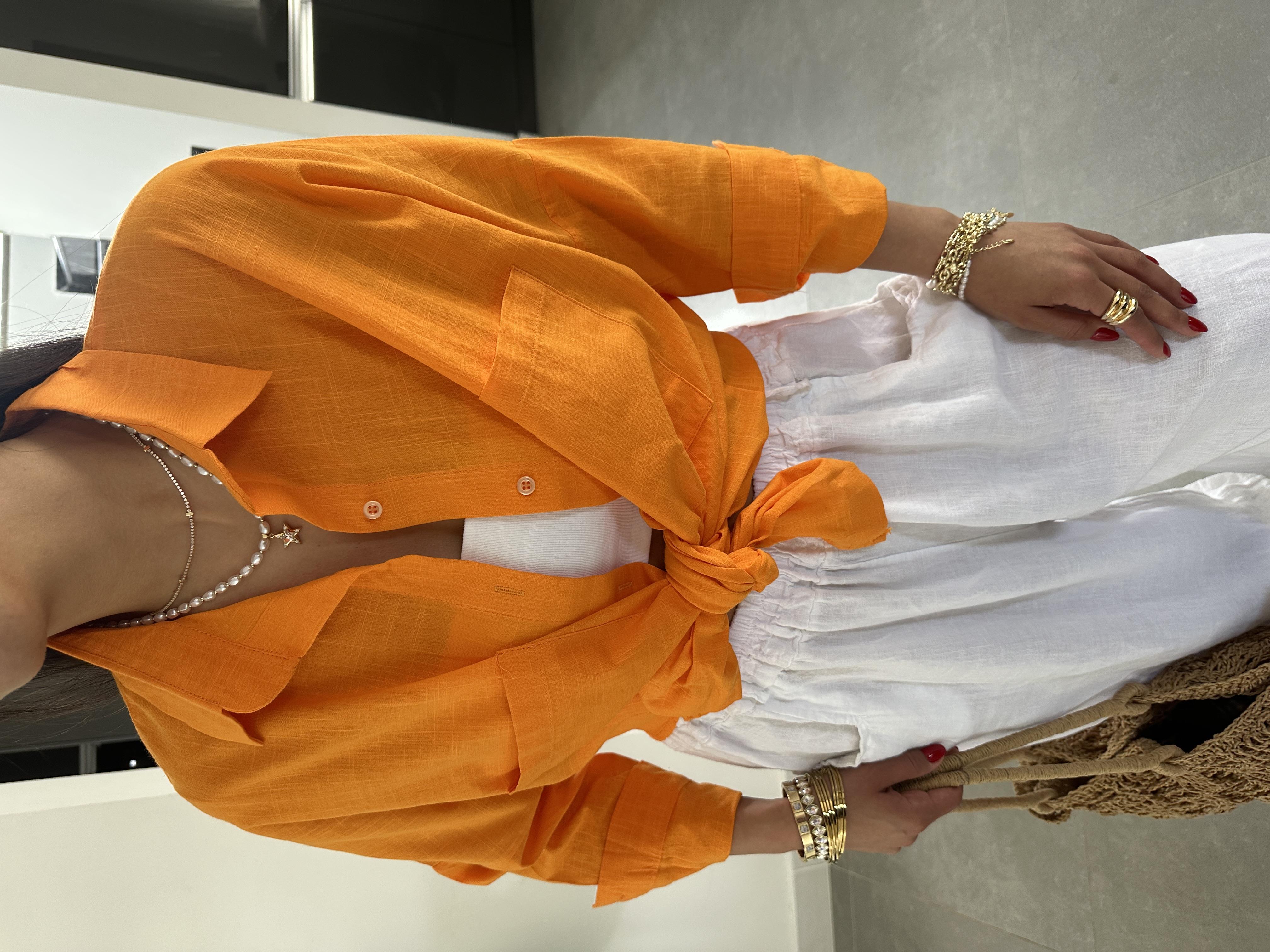 Orange Flamlı Keten Çift Cep Oversize Gömlek