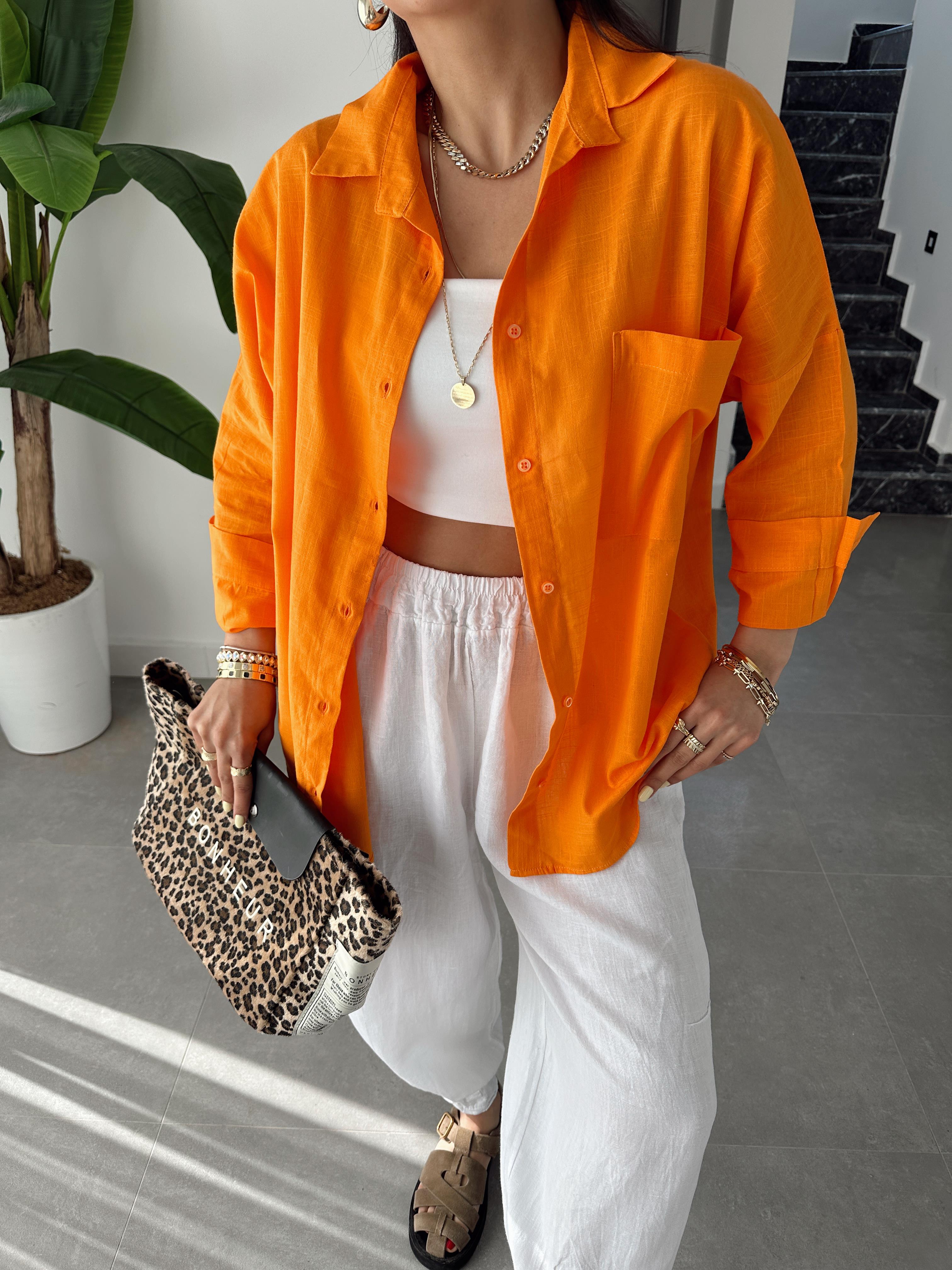 Orange  Flamlı Keten Tek Cep Oversize Gömlek
