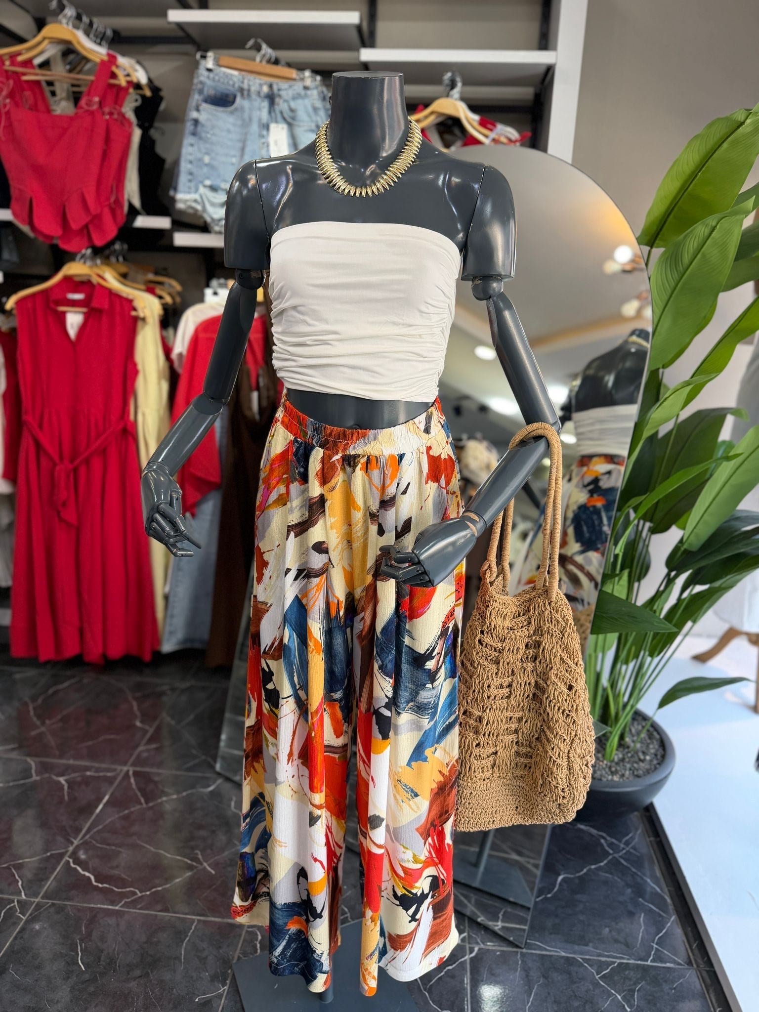 Orange-İndigo Desenli Beli Lastikli Pantolon