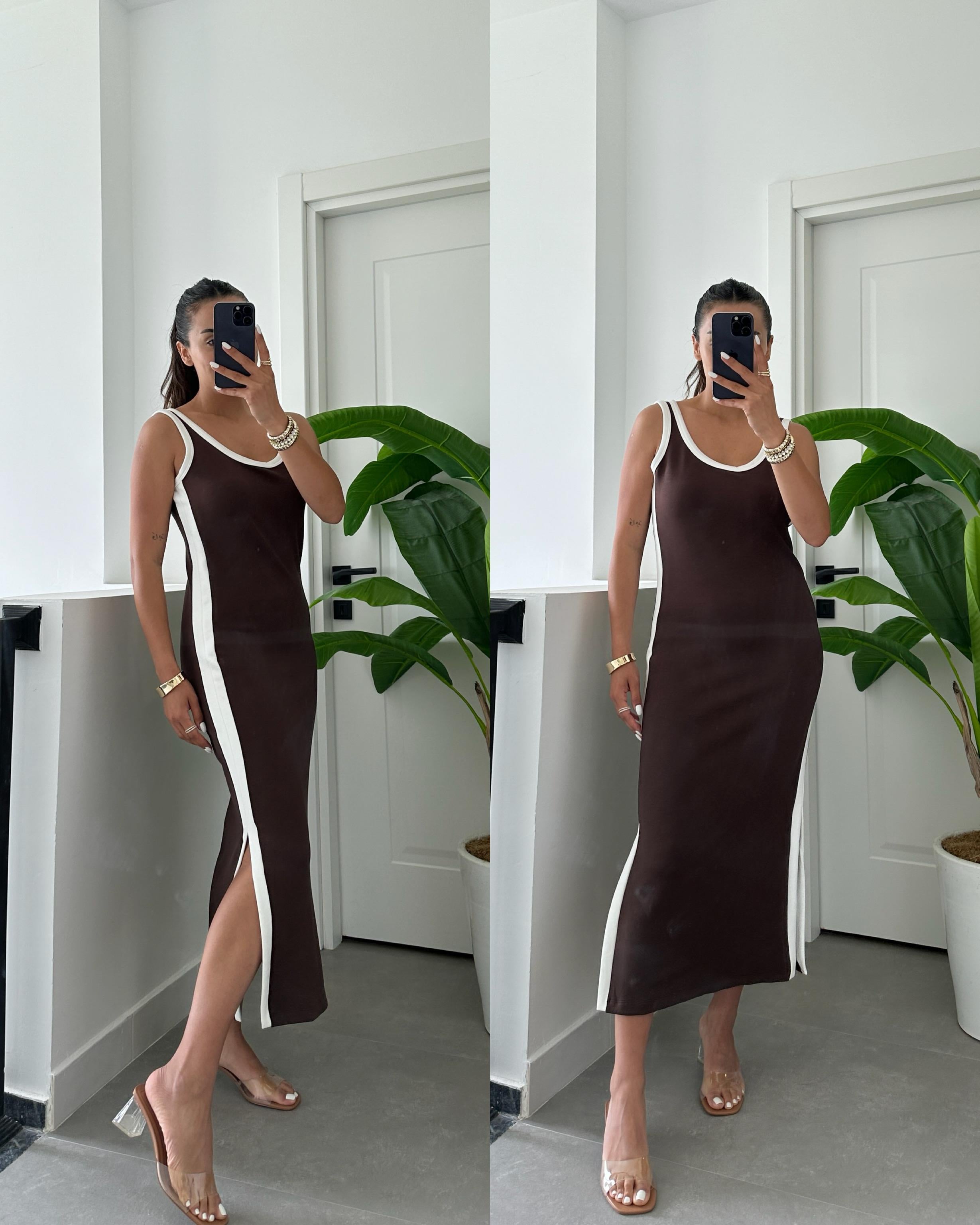 Oys Kahve Modal Kumaş Askılı Basic Elbise