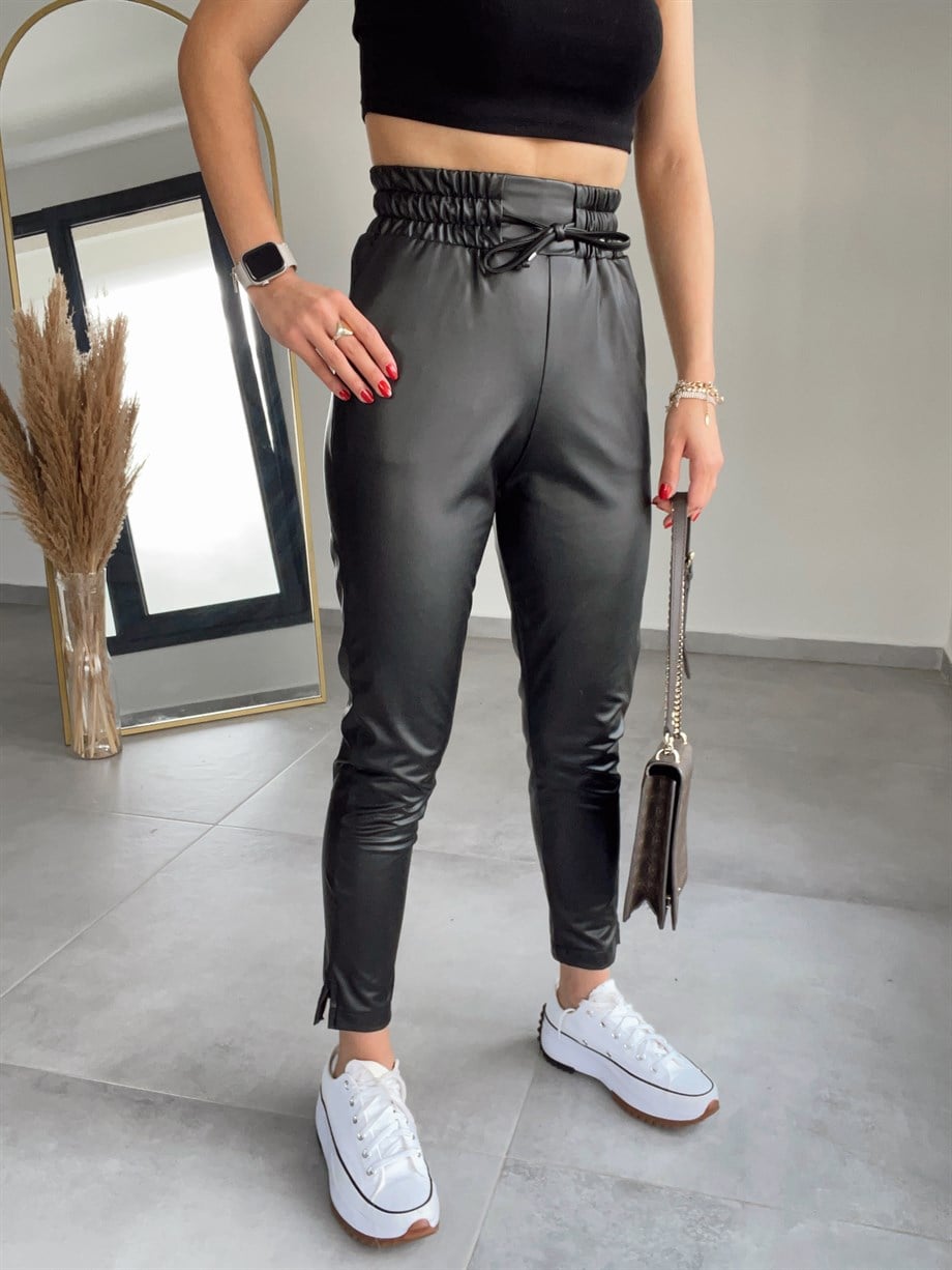 Özel Üretim Beli Lastikli Siyah Deri Pantolon