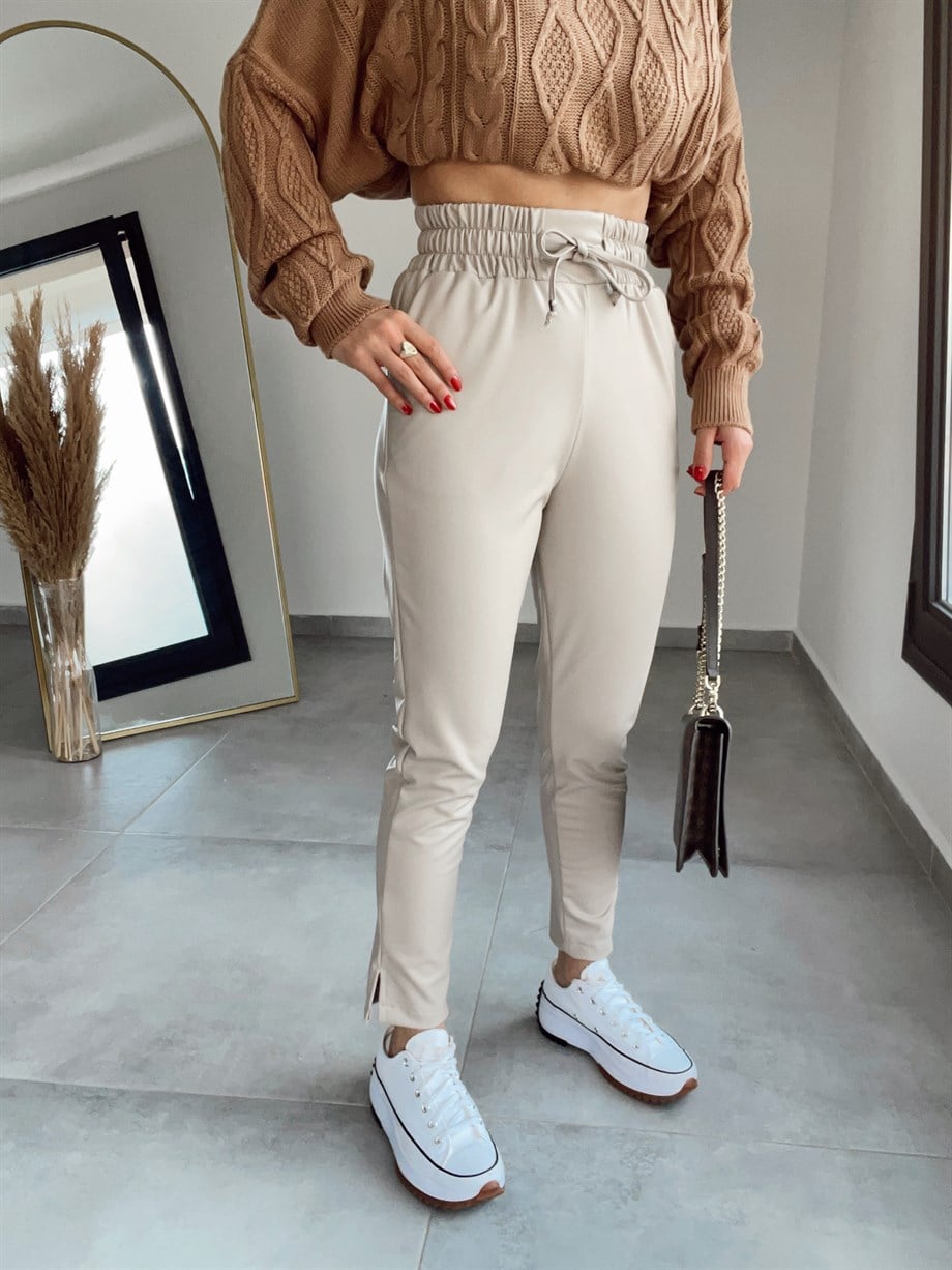 Özel Üretim Beli Lastikli Taş Deri Pantolon