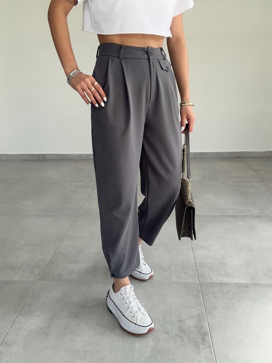 Özel Üretim Beli Ve Paçası Düğmeli Antrasit Pantolon