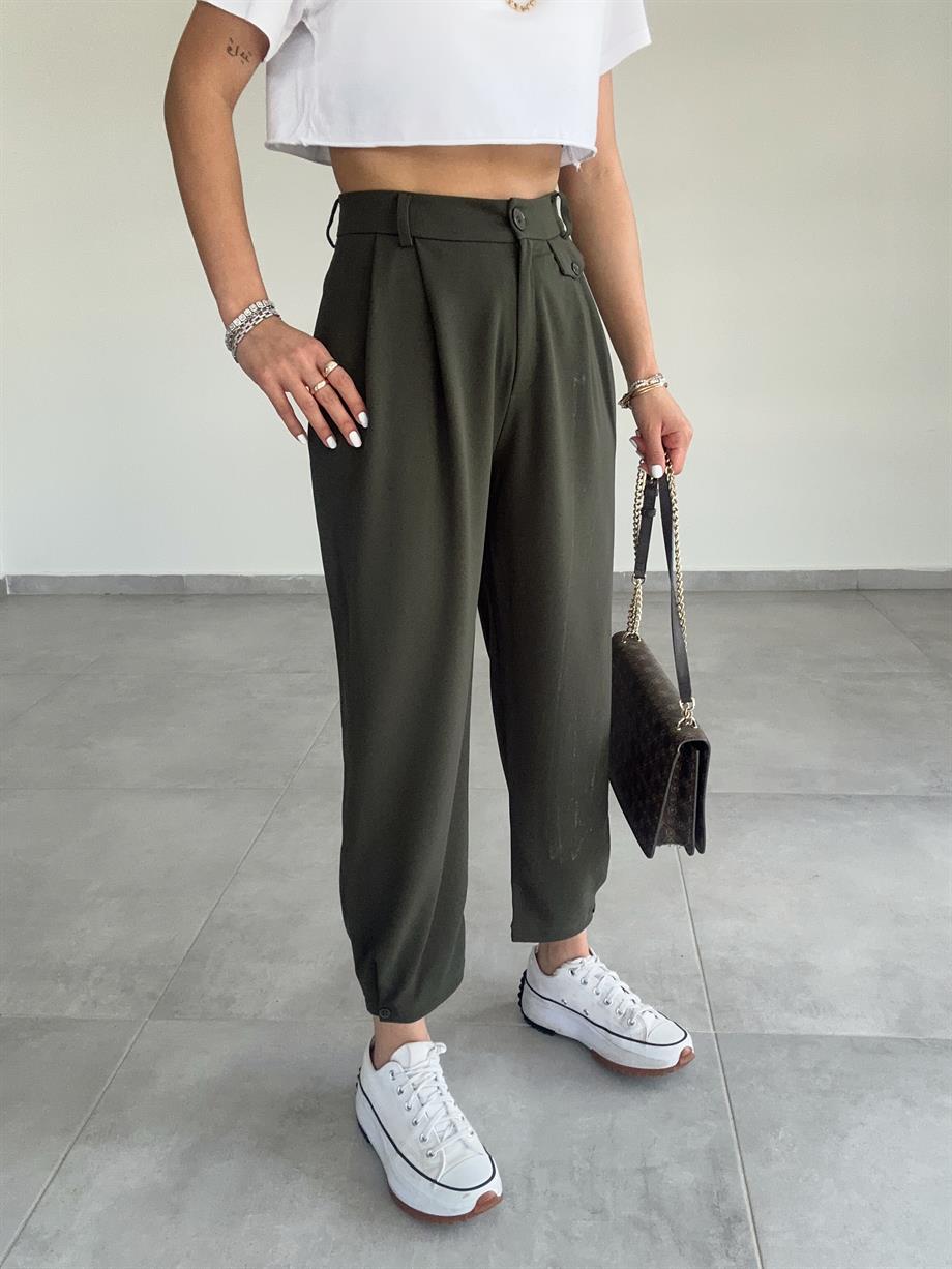 Özel Üretim Beli Ve Paçası Düğmeli Haki Pantolon