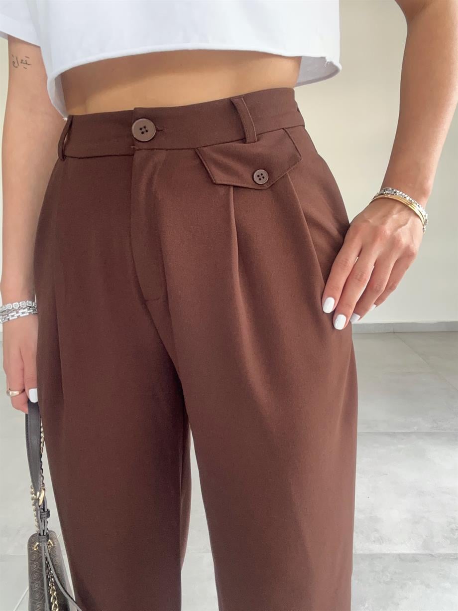Özel Üretim Beli Ve Paçası Düğmeli Kahve Pantolon