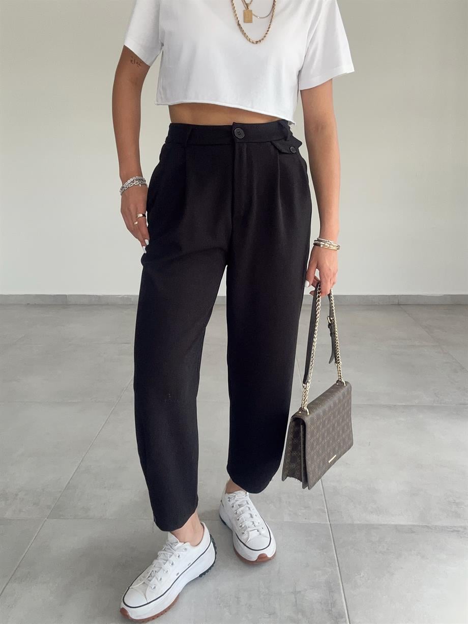 Özel Üretim Beli Ve Paçası Düğmeli Siyah Pantolon