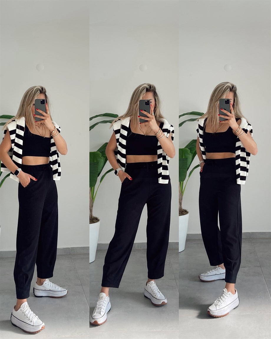 Paça Pileli Siyah Pantolon