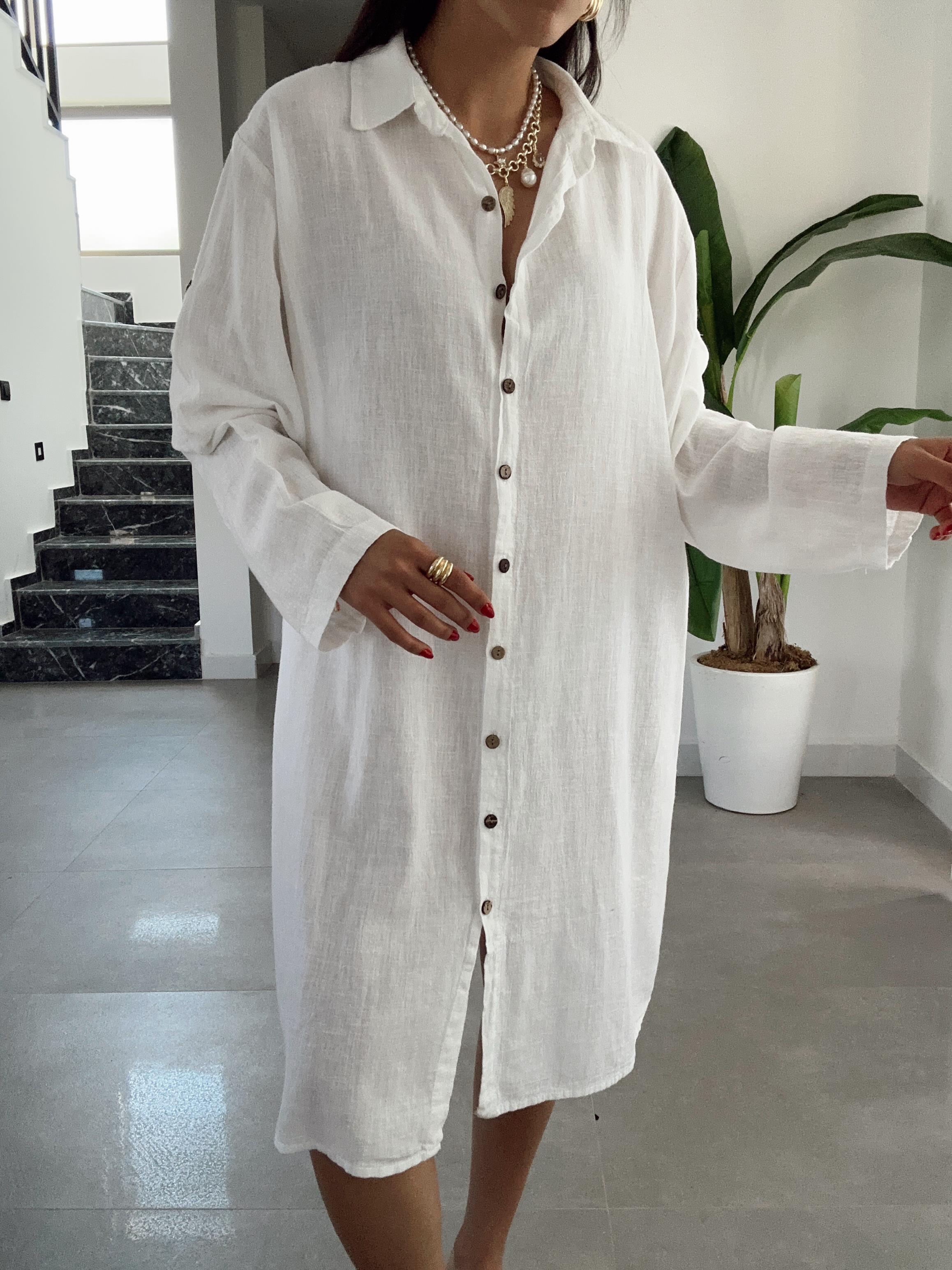 Pcs Beyaz Keten Tunik Gömlek