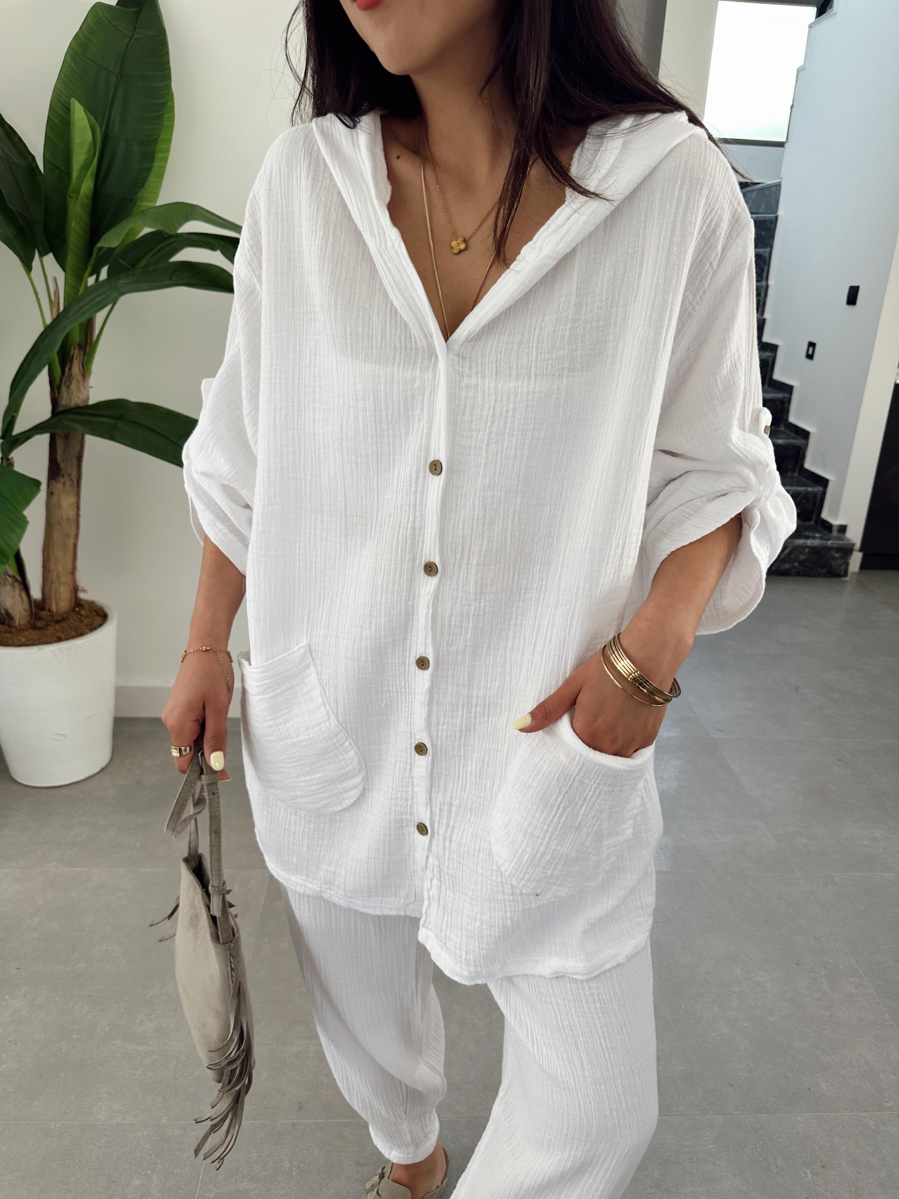 Pcs Ekru Müslin Kapşonlu Ceket