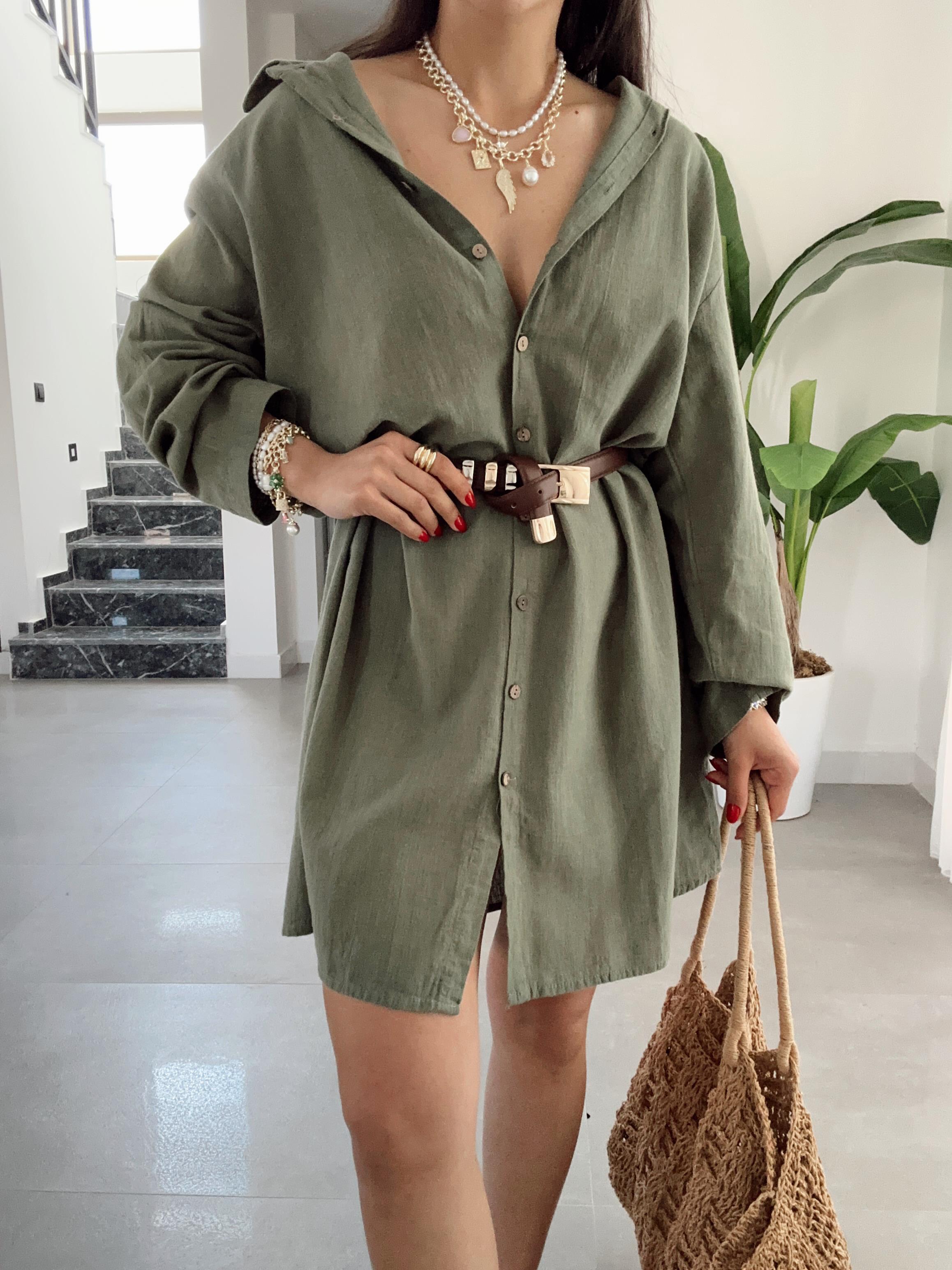Pcs Haki Keten Tunik Gömlek