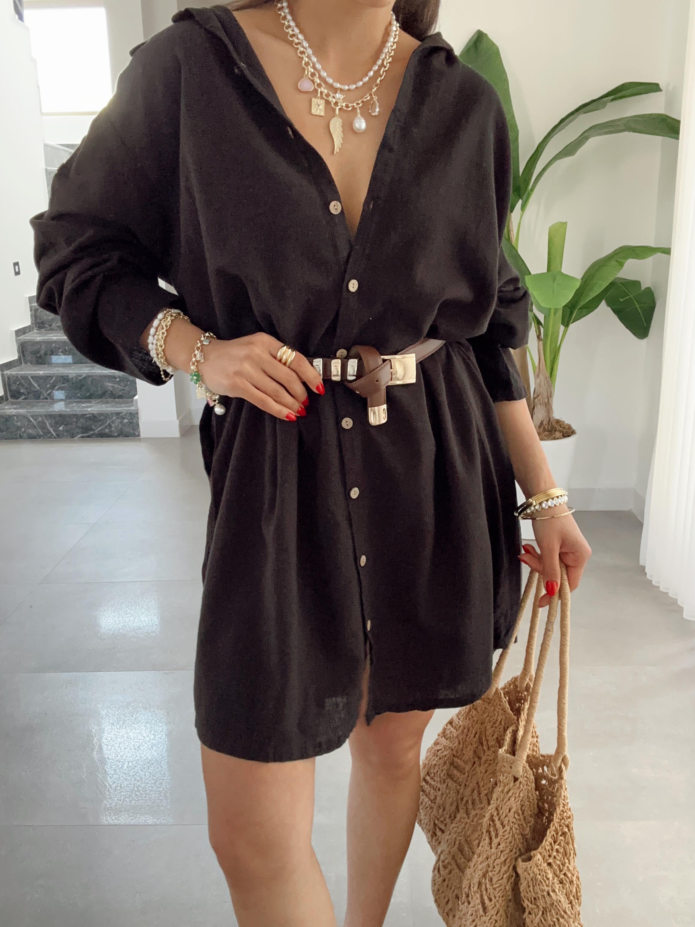 Pcs Siyah Keten Tunik Gömlek