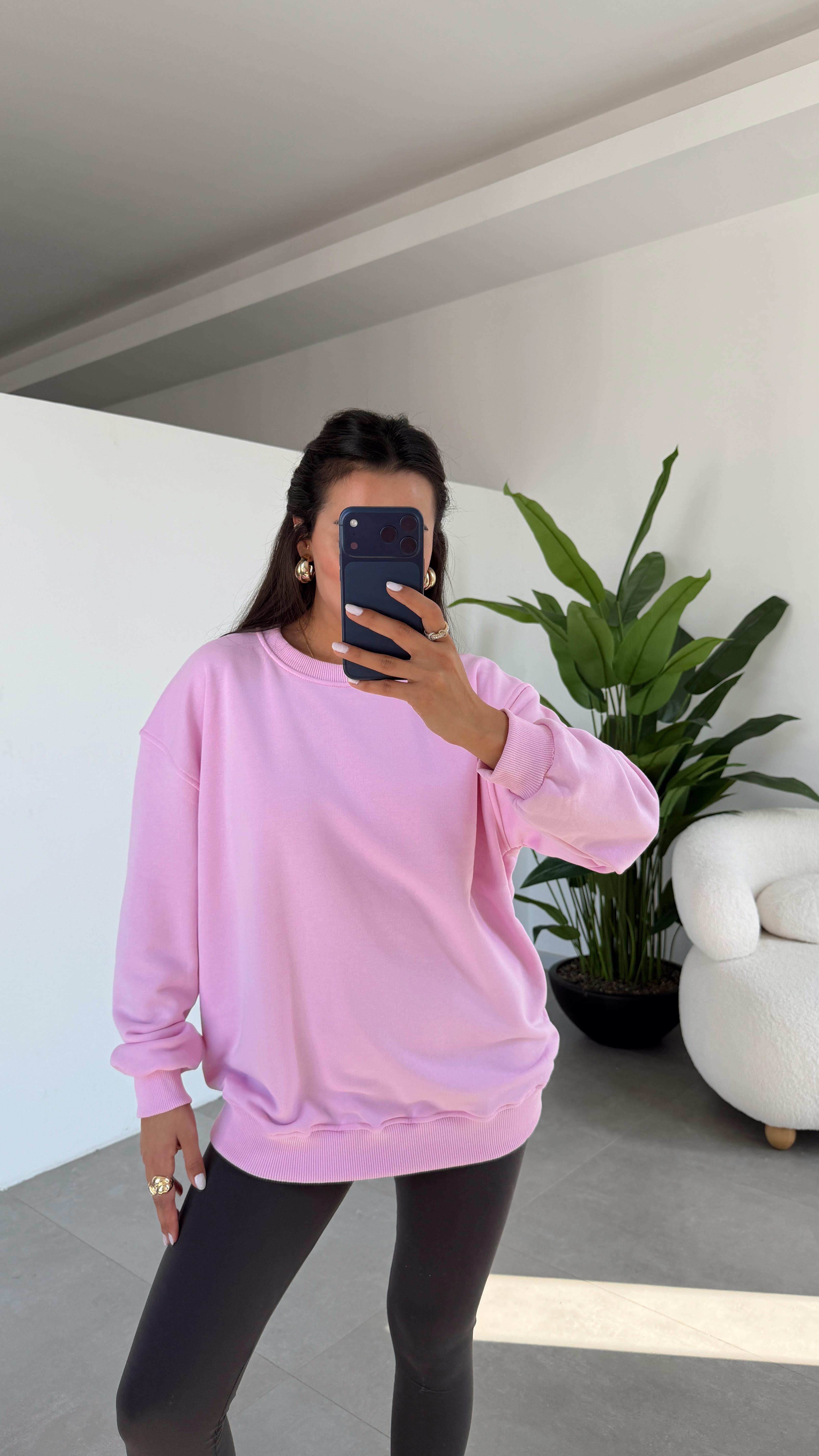 Pembe Bisiklet Yaka Oversize Sweat