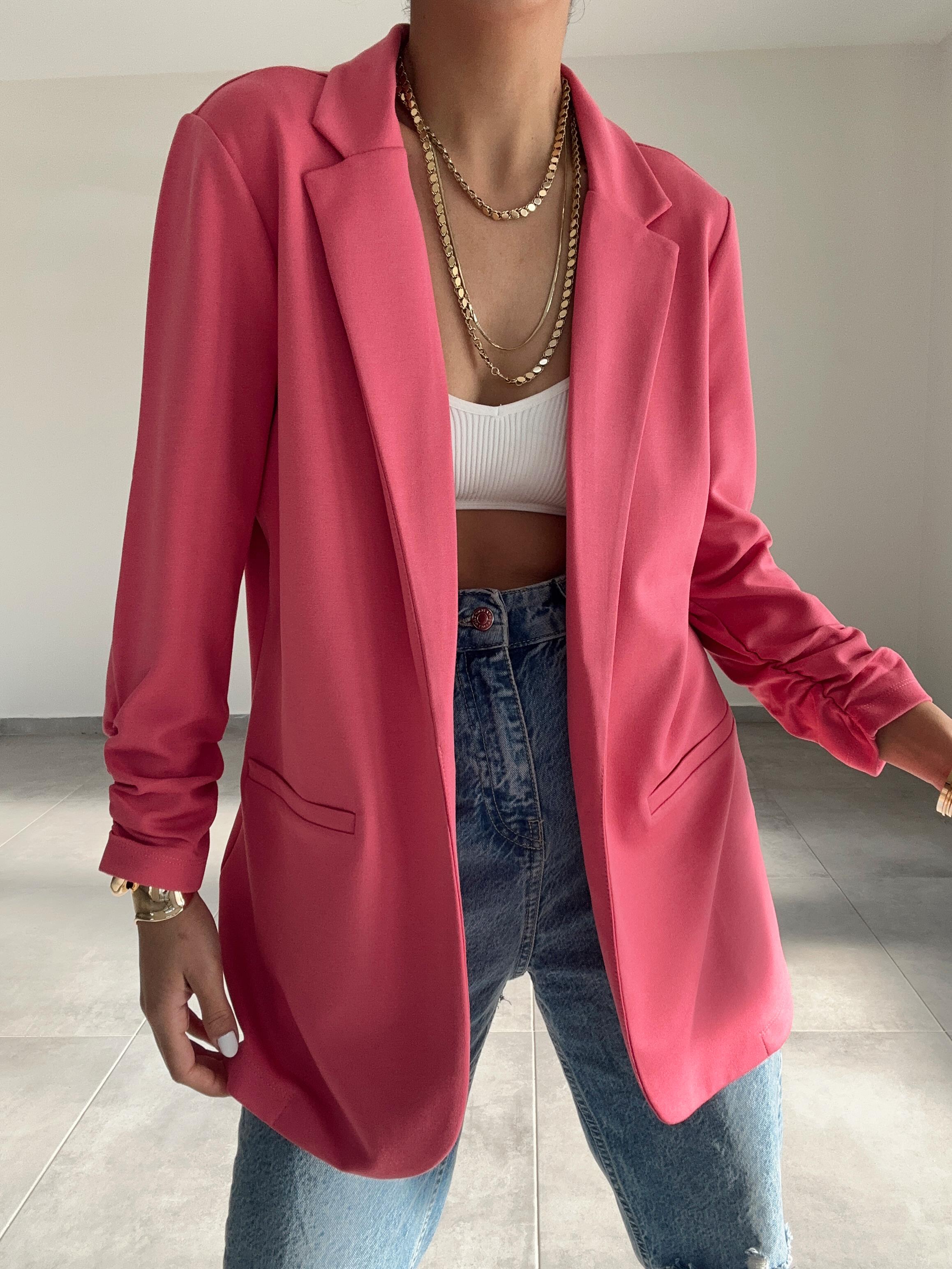 Pembe Çelik Kumaş Kol Büzgülü Blazer Ceket