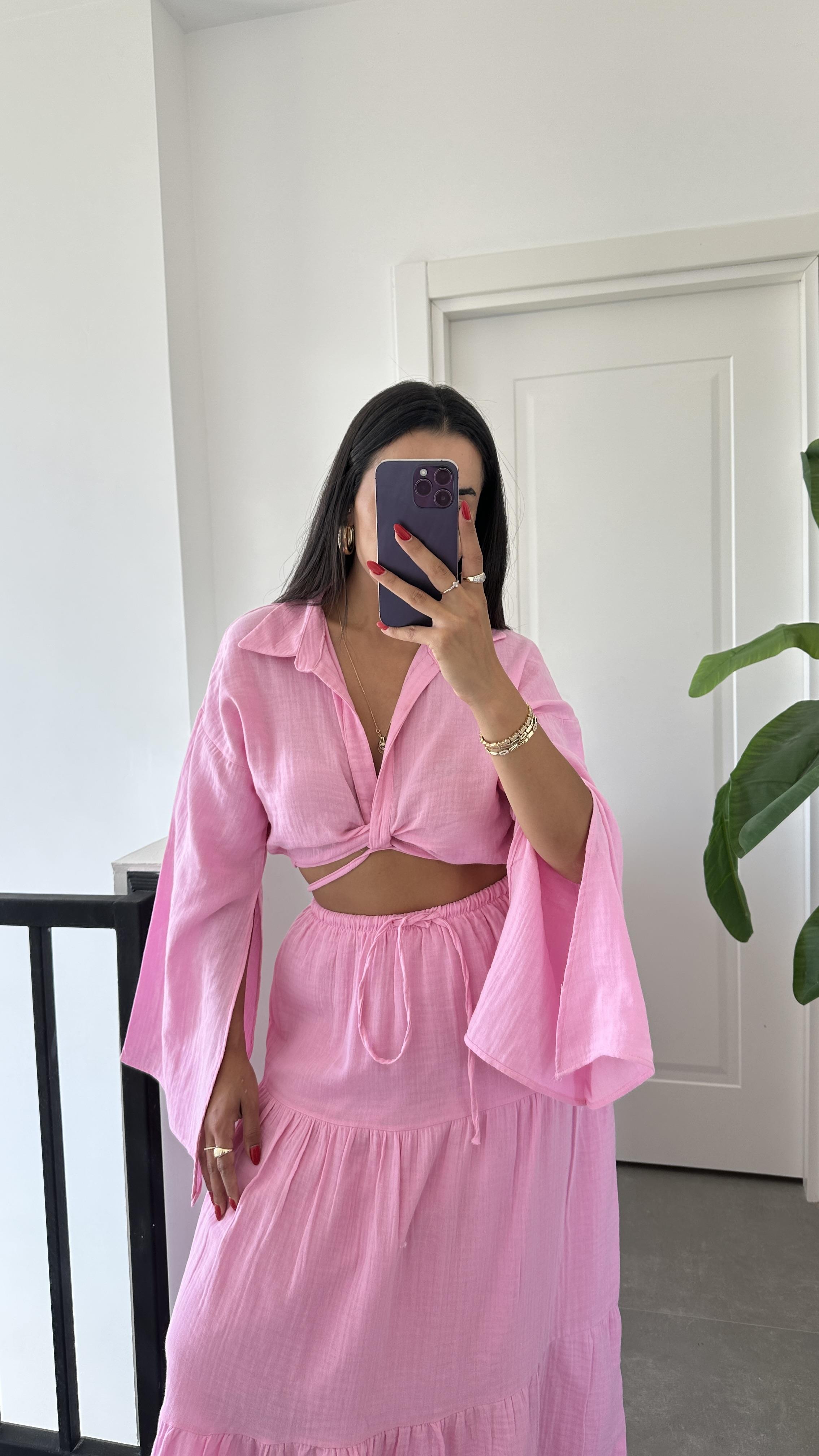 Pembe Gömleği Bağlamalı Etekli Takım