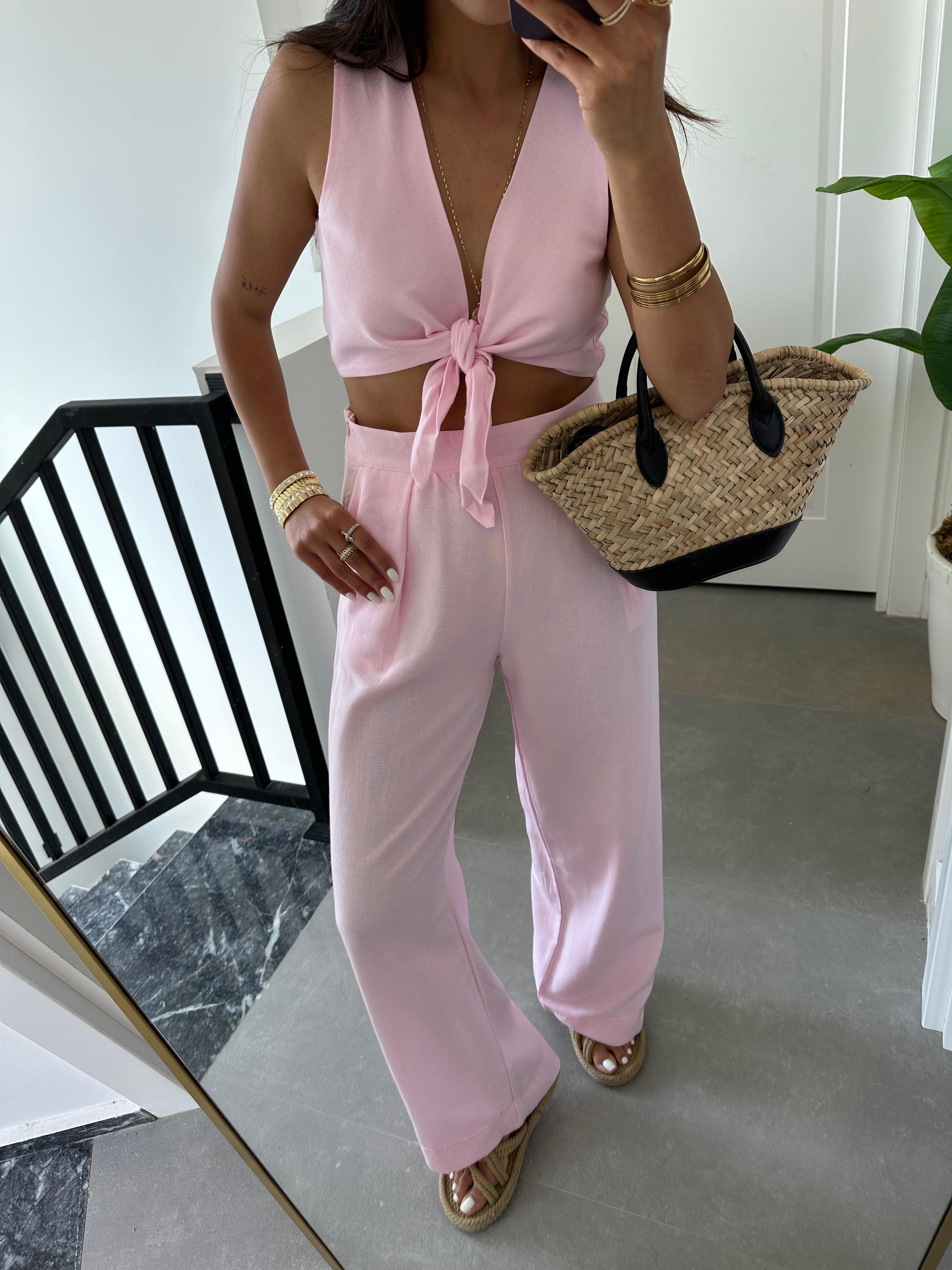 Pembe Ön Bağlamalı Crop Takım