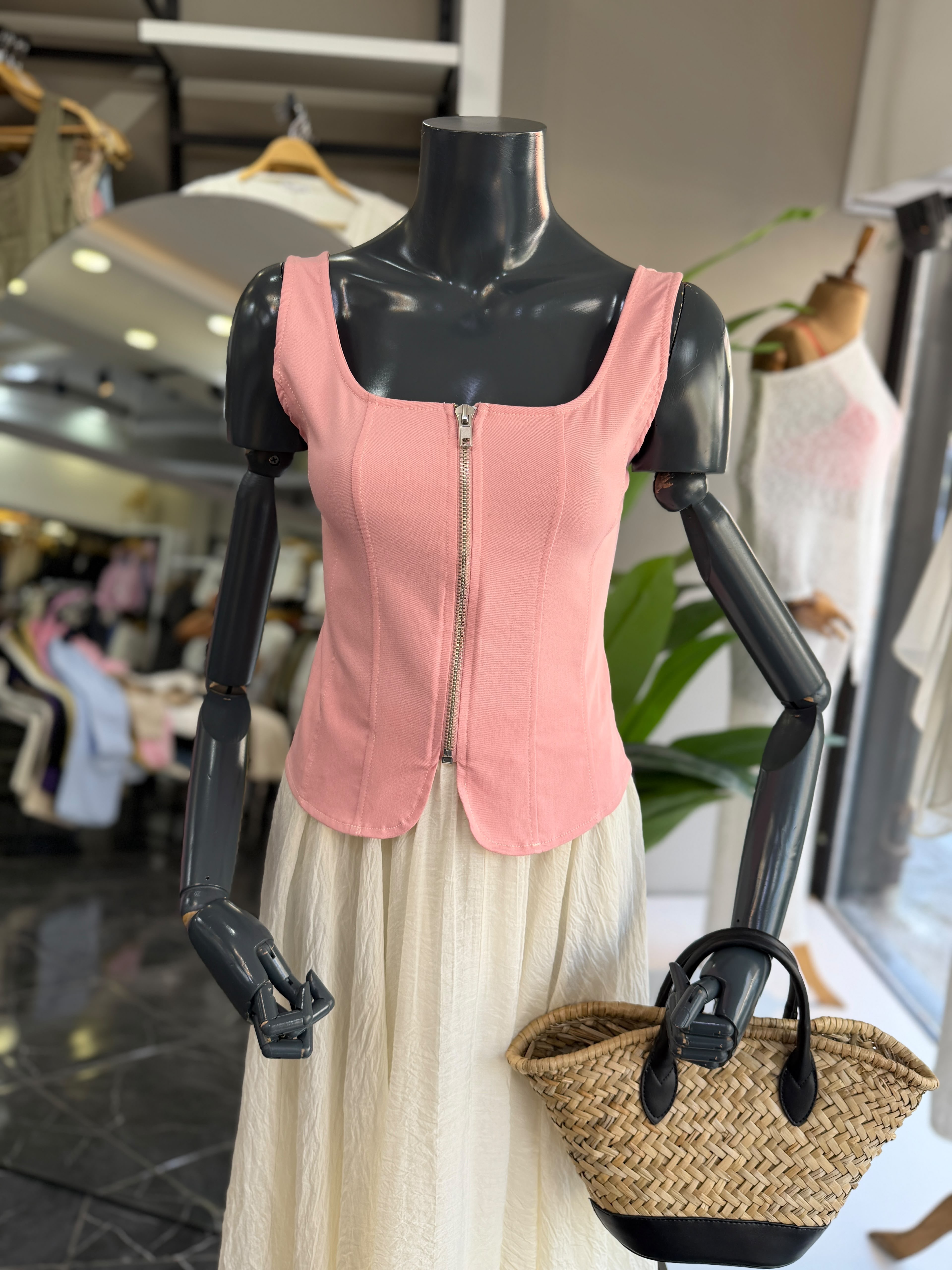 Pembe Önden Fermuarlı Korse Bluz
