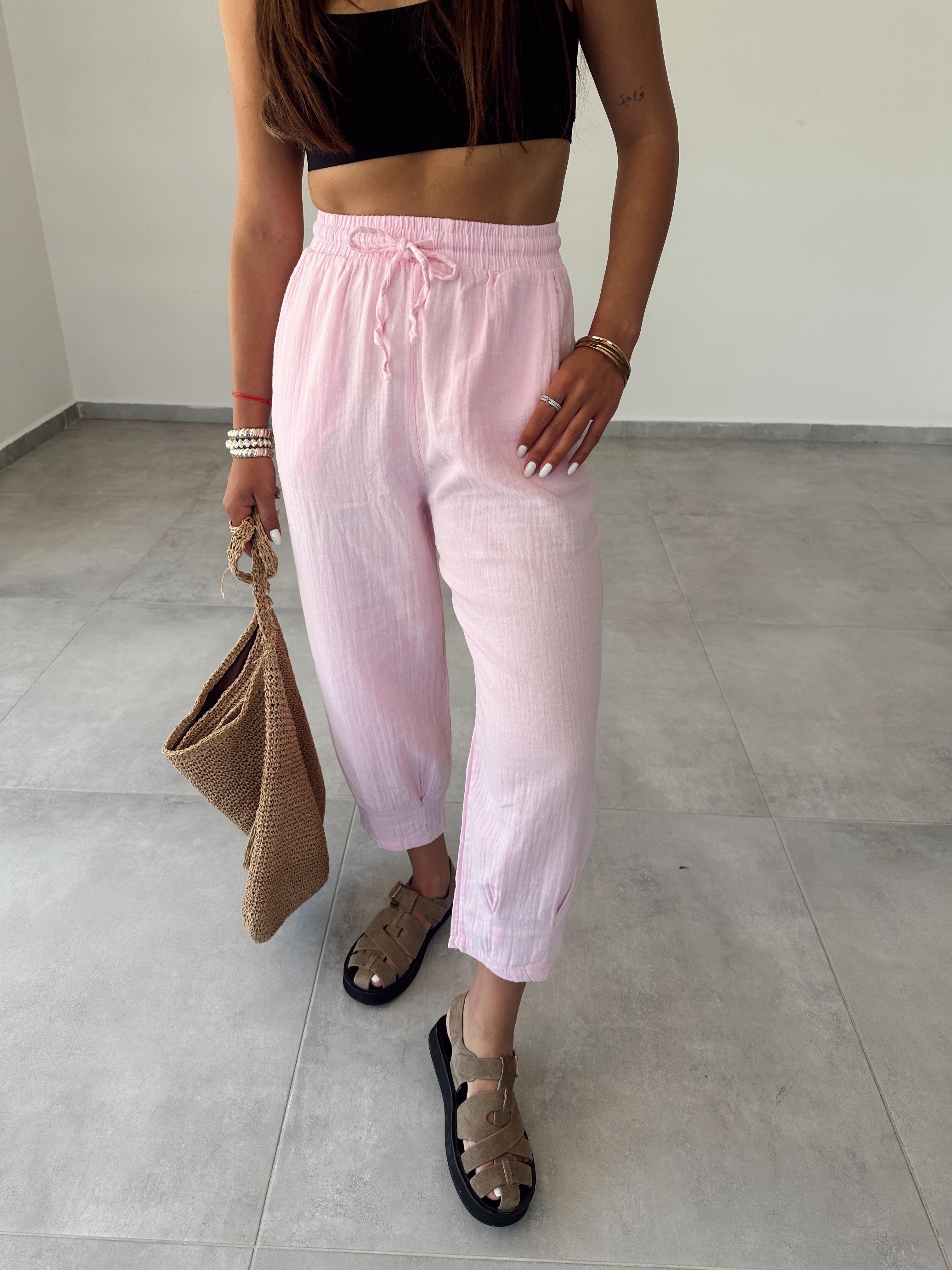 Pembe Paça Pilili Keten Pantolon