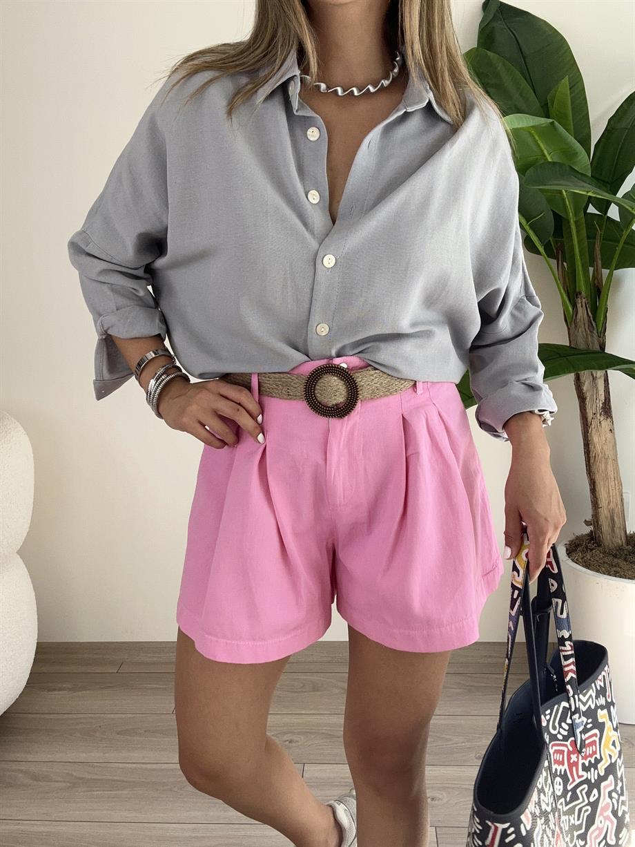 Pembe Pileli Kemerli Şort
