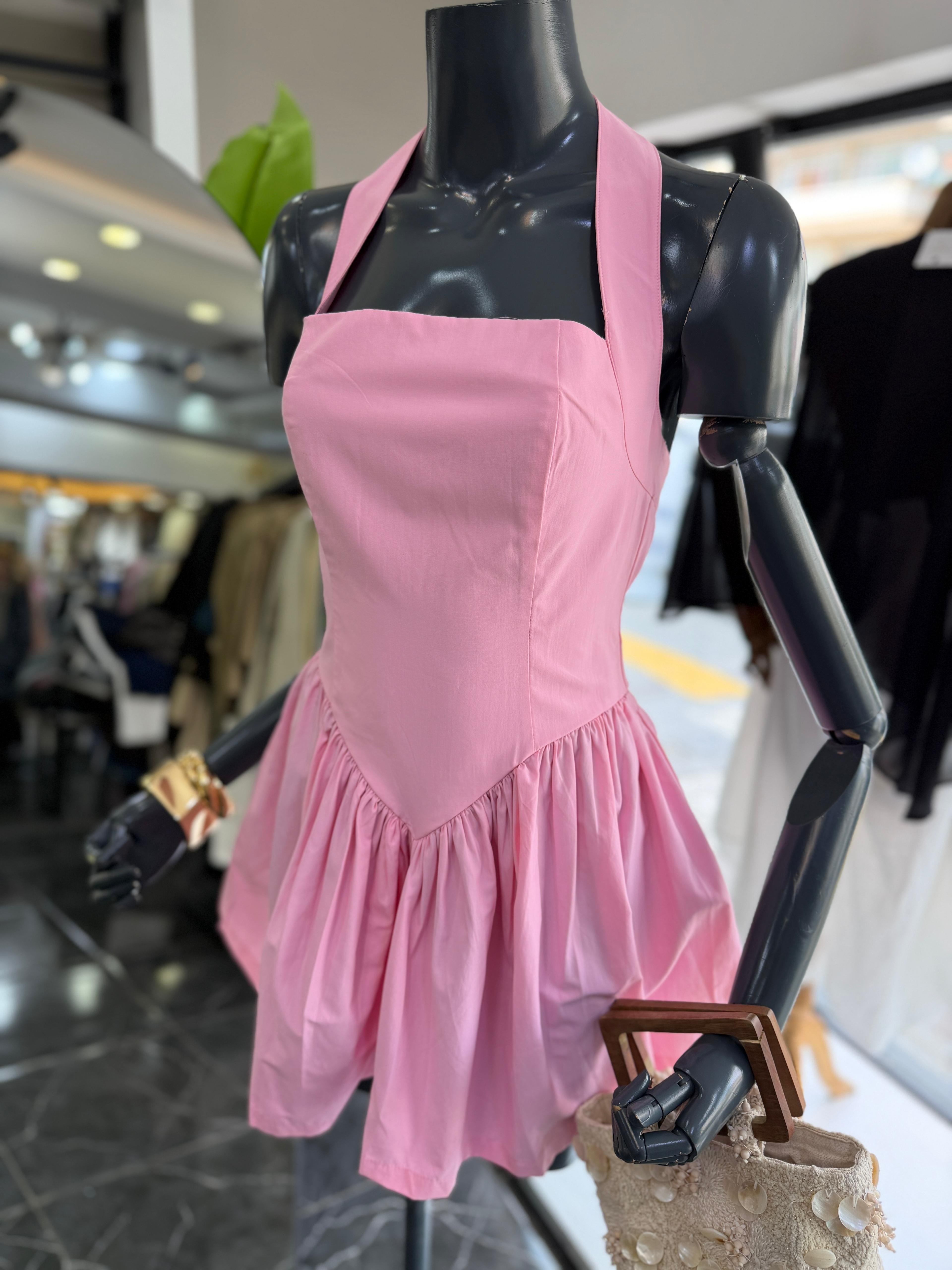 Pembe Poplin Kumaş Halter Yaka Elbise
