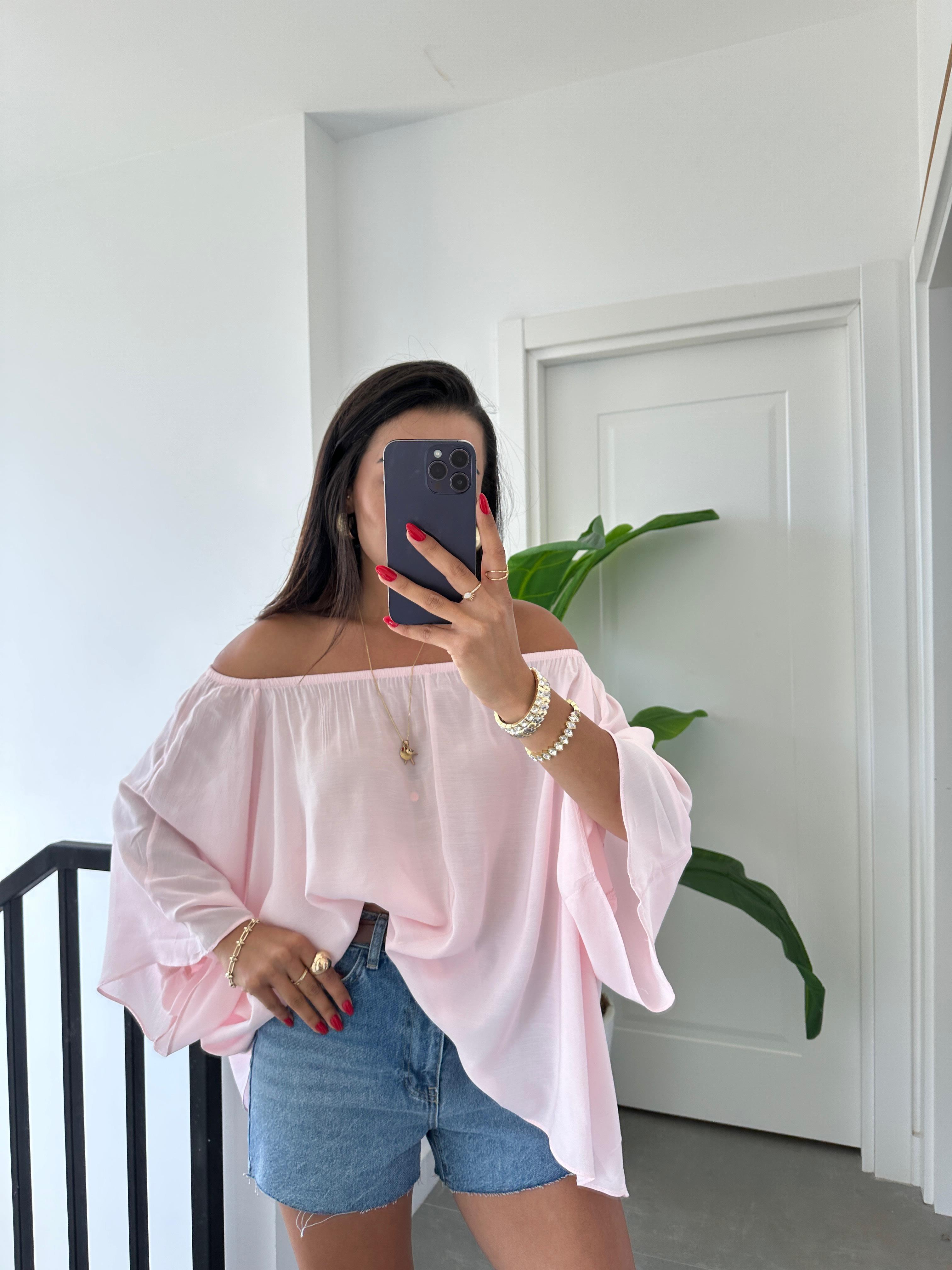 Pembe Yakası Lastikli Bluz