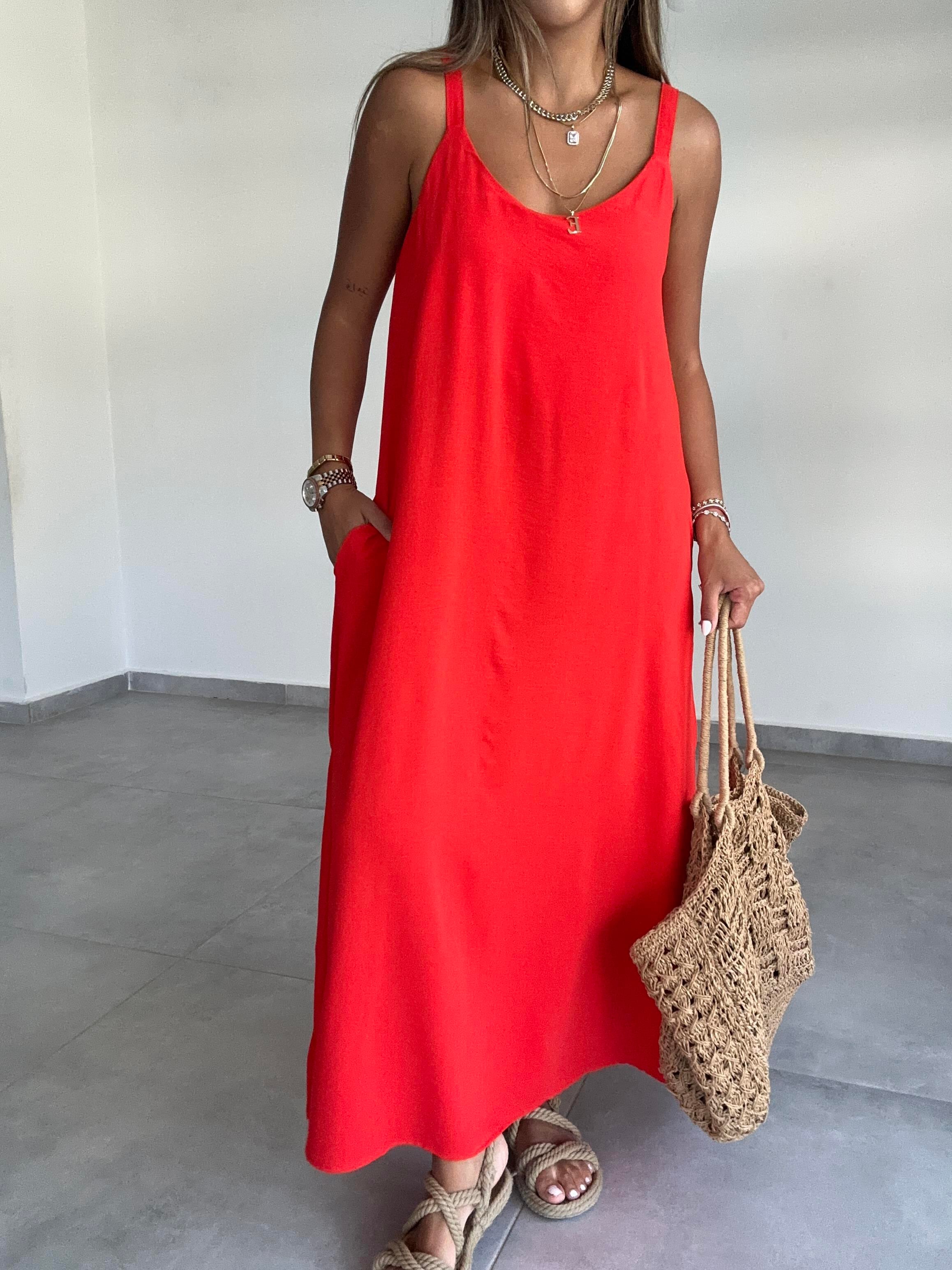 Pera Narçiçeği İp Askılı Yanları Yırtmaçlı Elbise