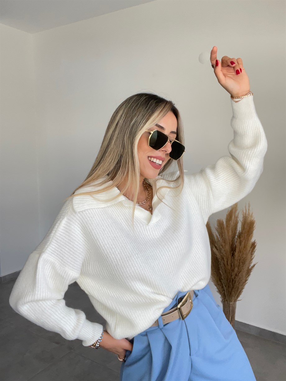 Polo Yaka Ekru Triko Kazak