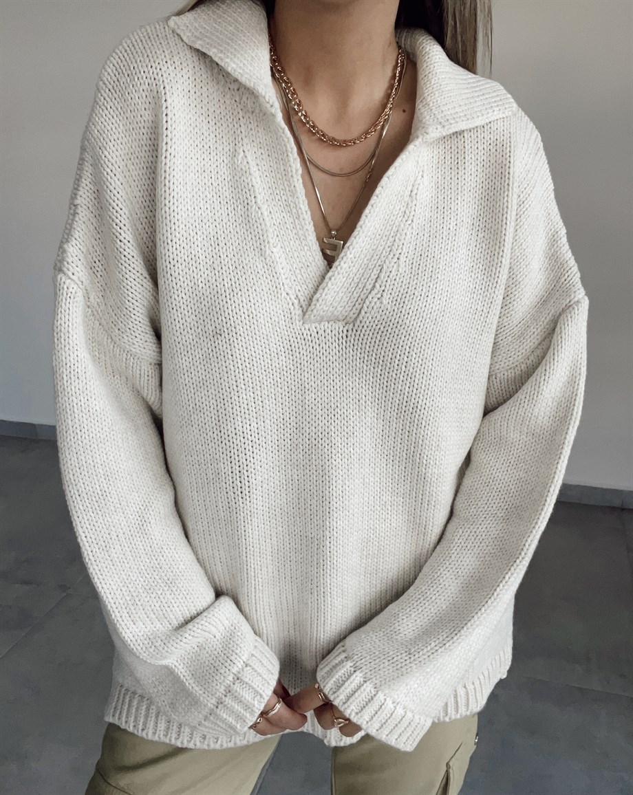 Polo Yaka Oversize Taş  Triko Kazak