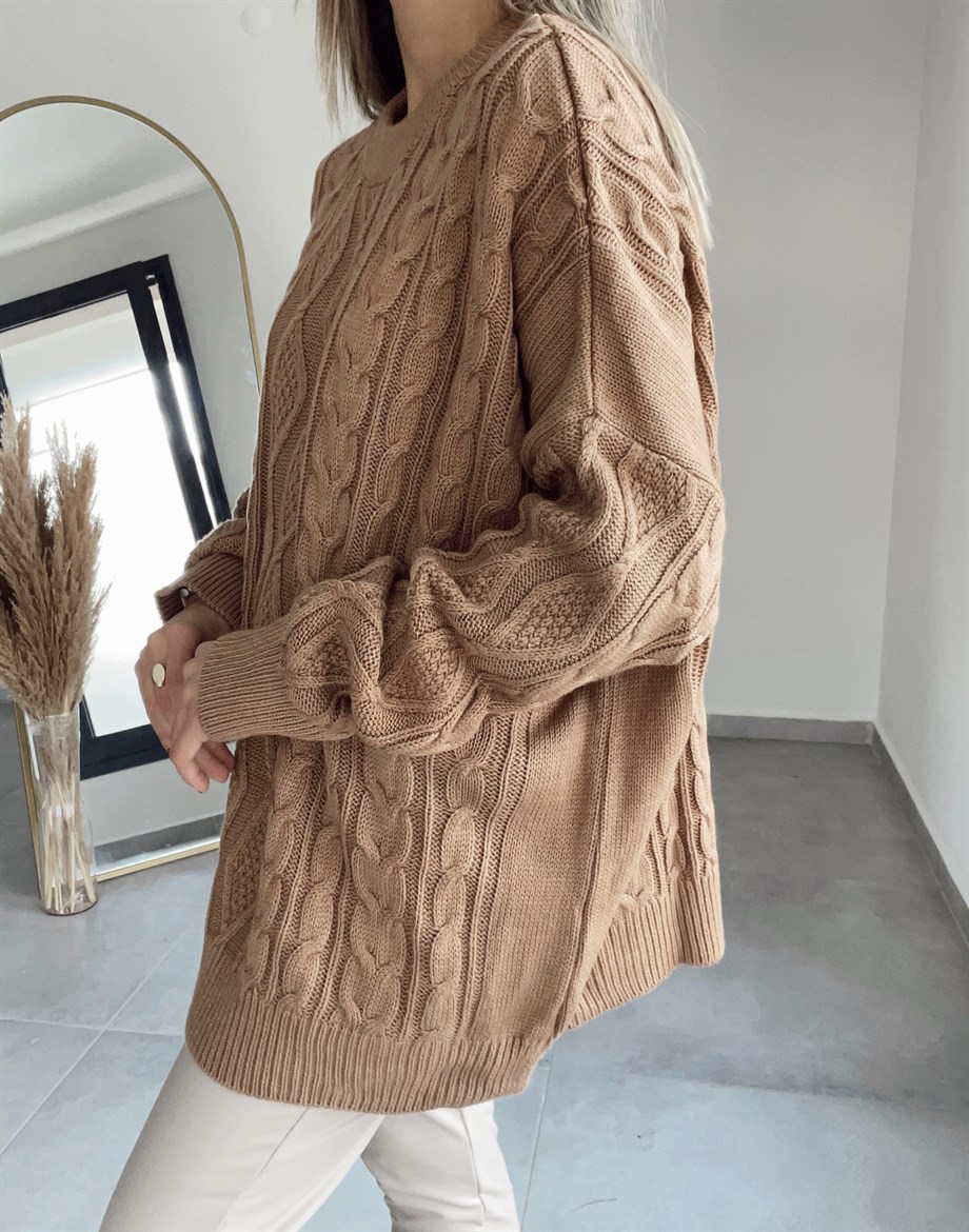 Saç Yürütme Örgülü  Camel Triko Kazak