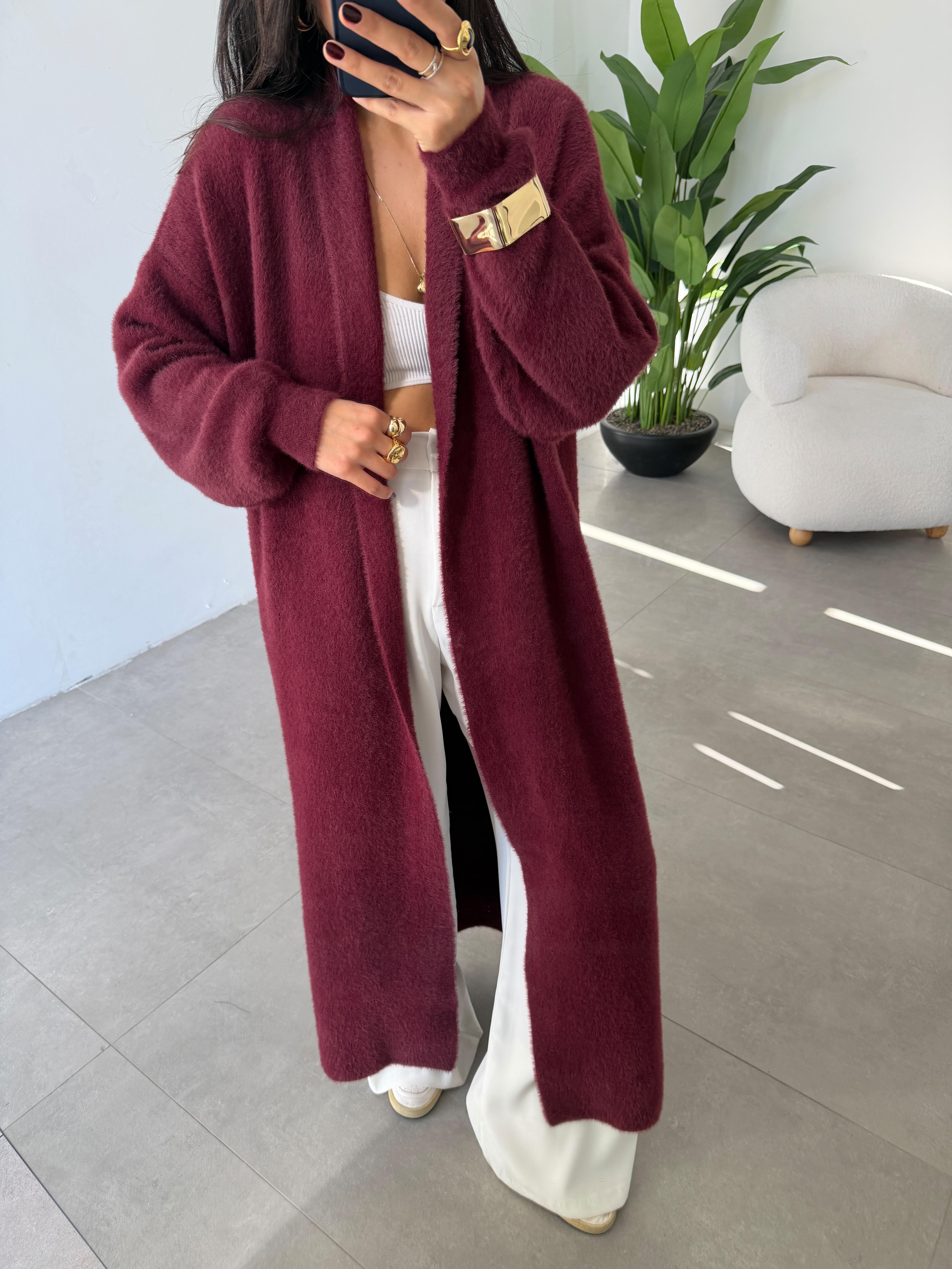 Sakallı Bordo Uzun Triko Hırka