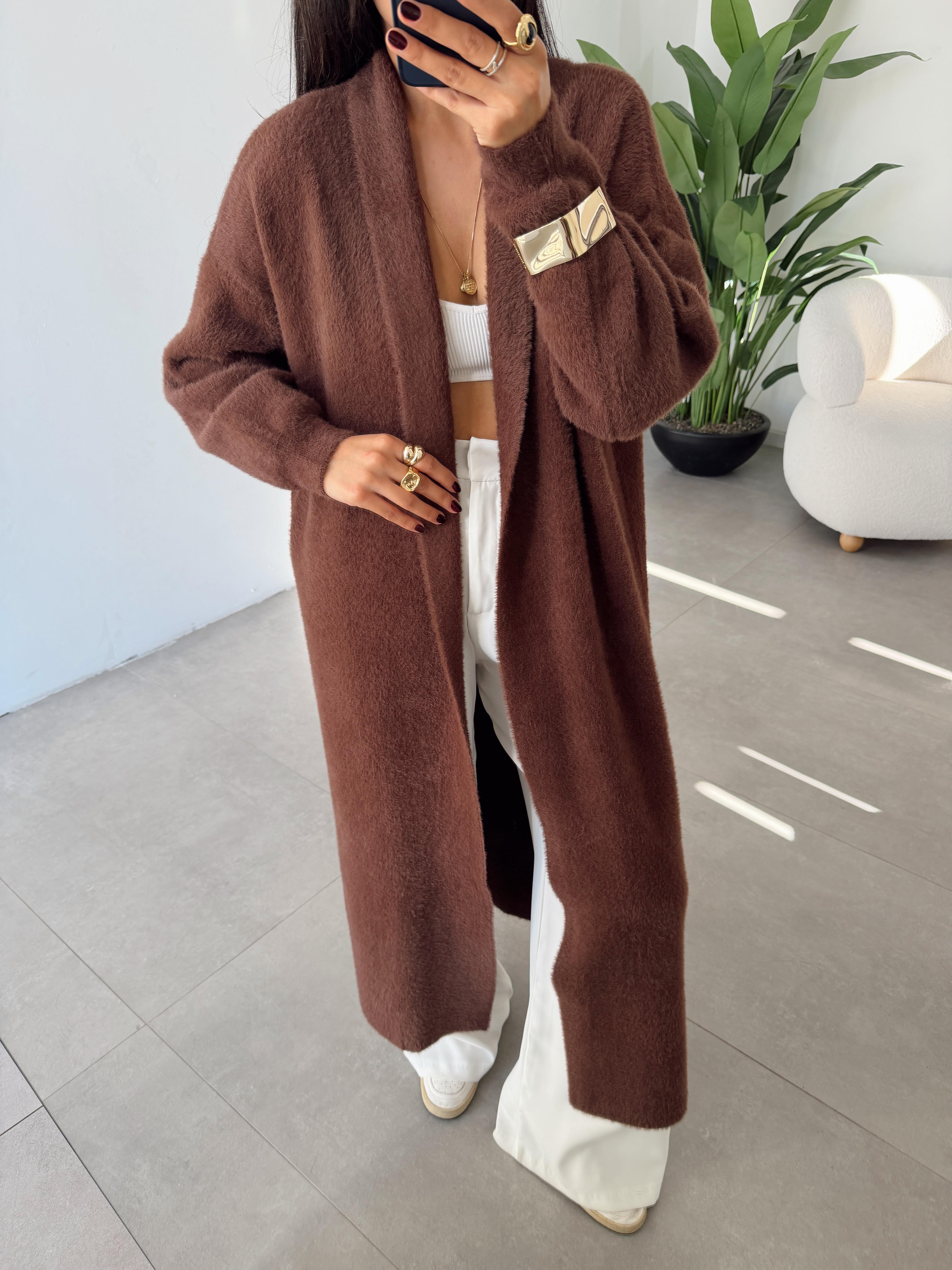 Sakallı Kahve Uzun Triko Hırka