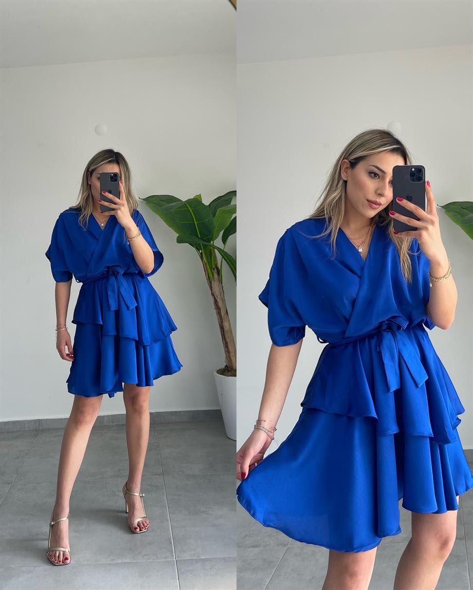 Saks Saten Fırfırlı Elbise