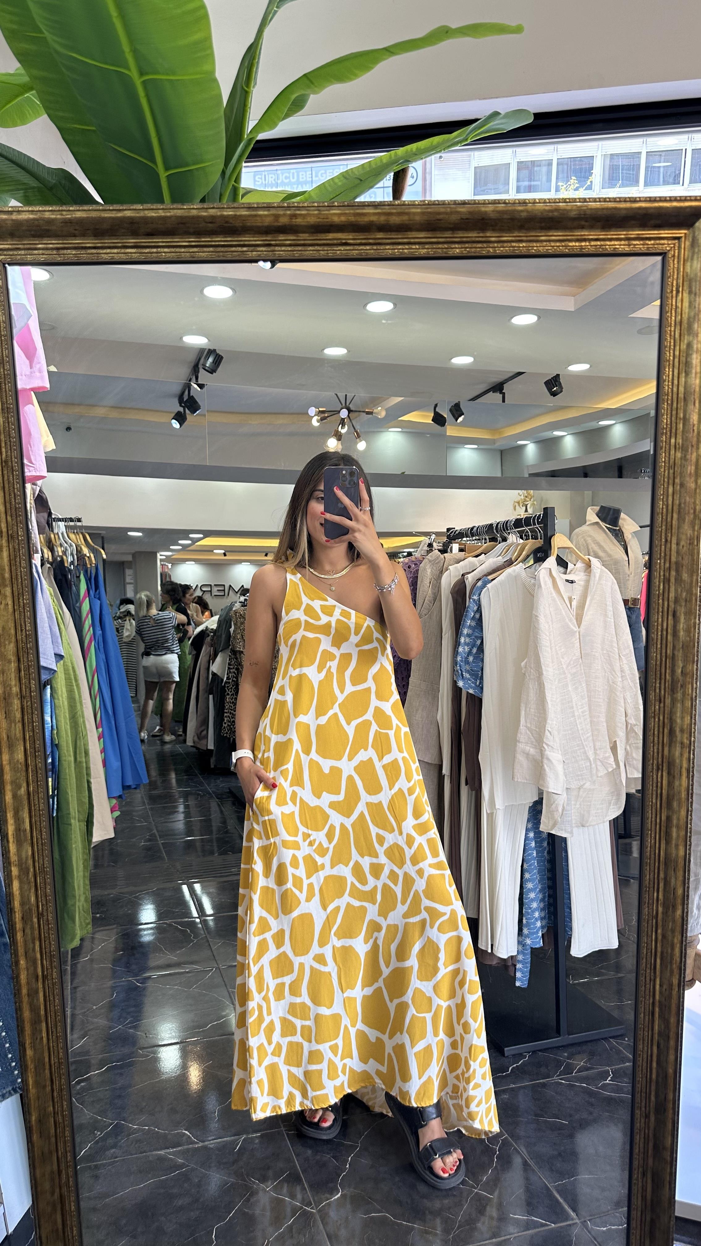 Sarı-Beyaz Tek Omuz Elbise