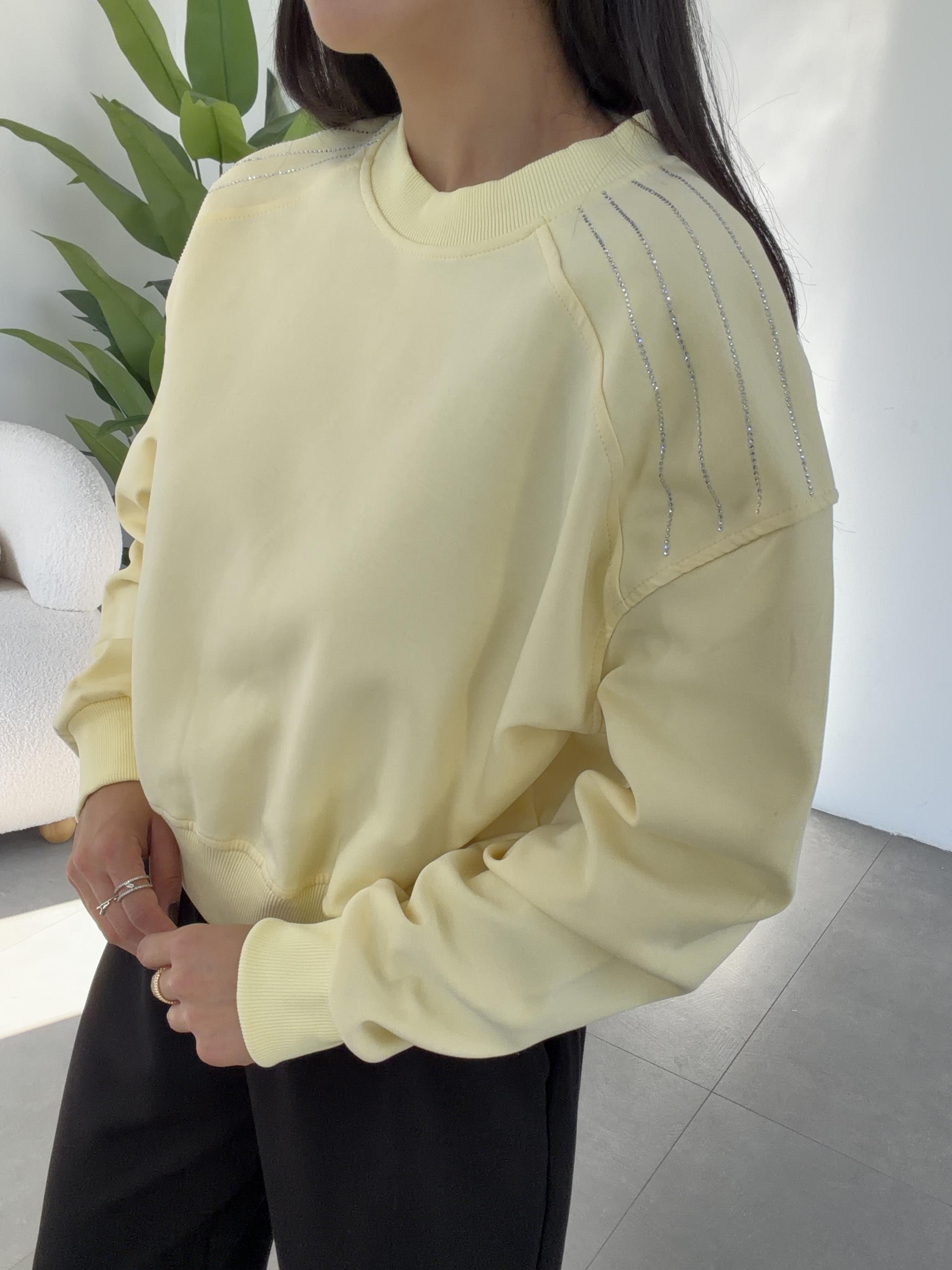 Sarı Bisiklet Yaka Omuz Taş Detaylı Sweat