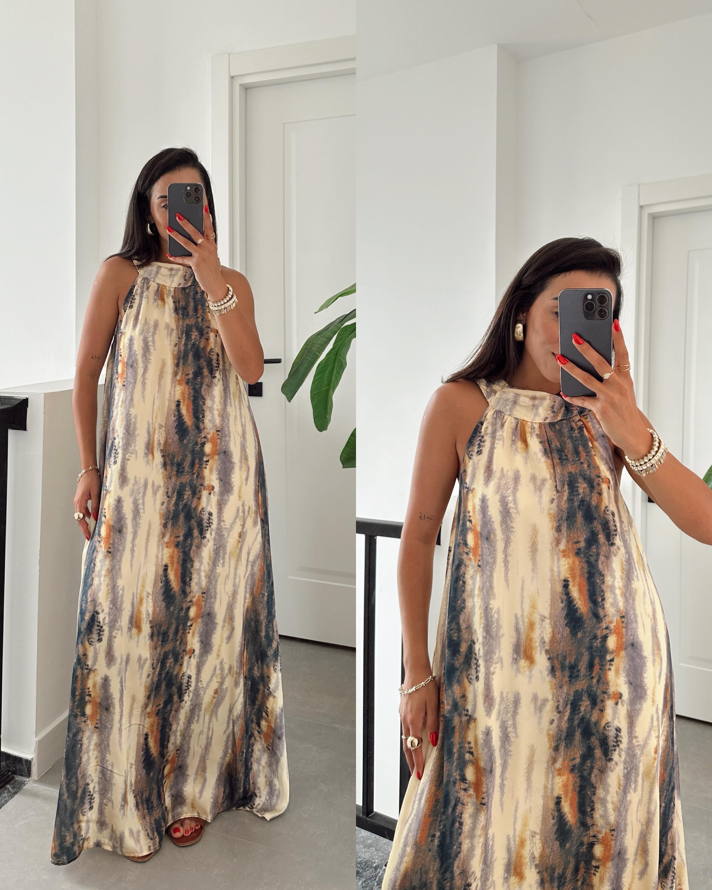 Sarı Düğme Detaylı Kraşlı Elbise