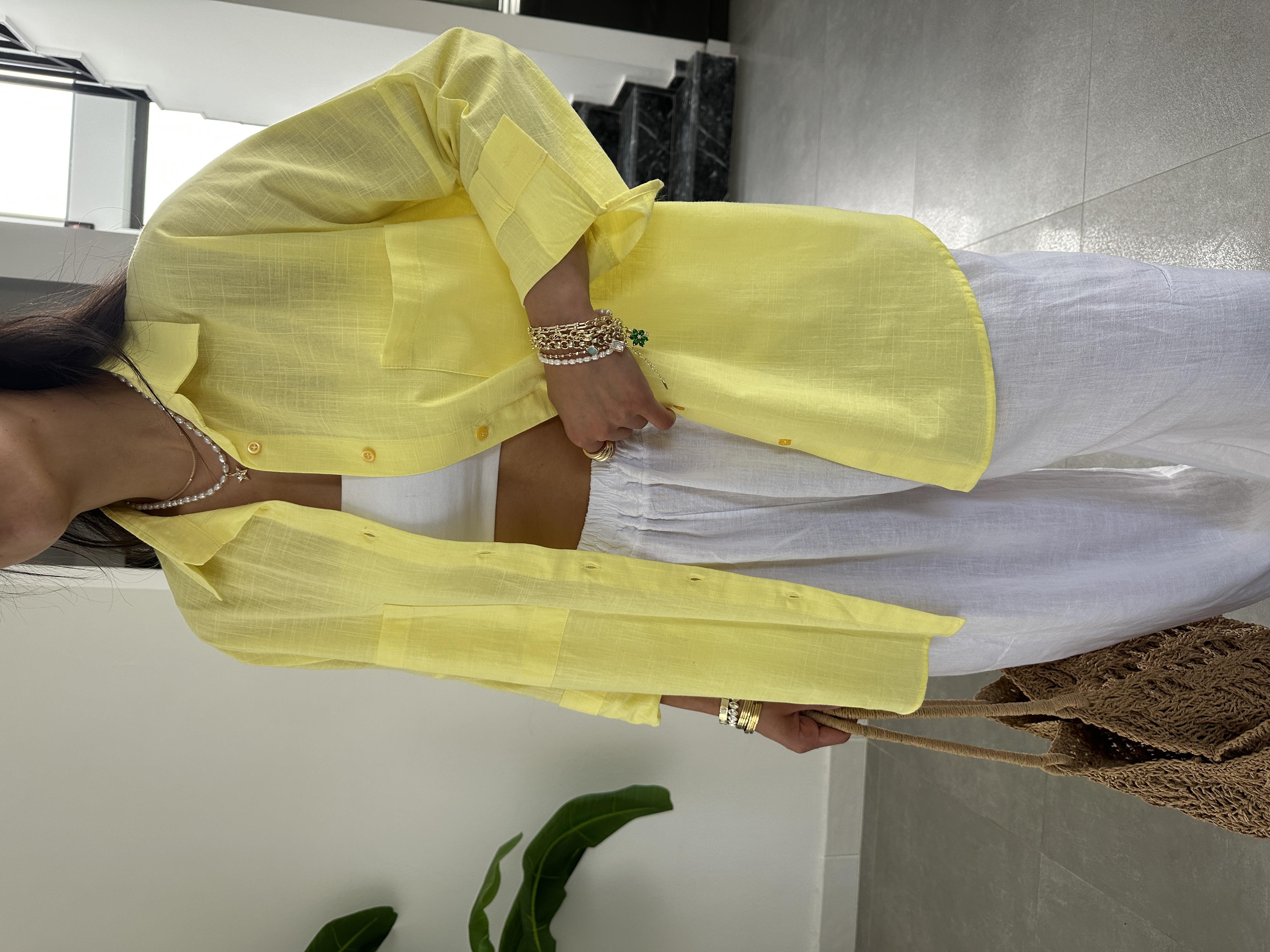 Sarı Flamlı Keten Çift Cep Oversize Gömlek