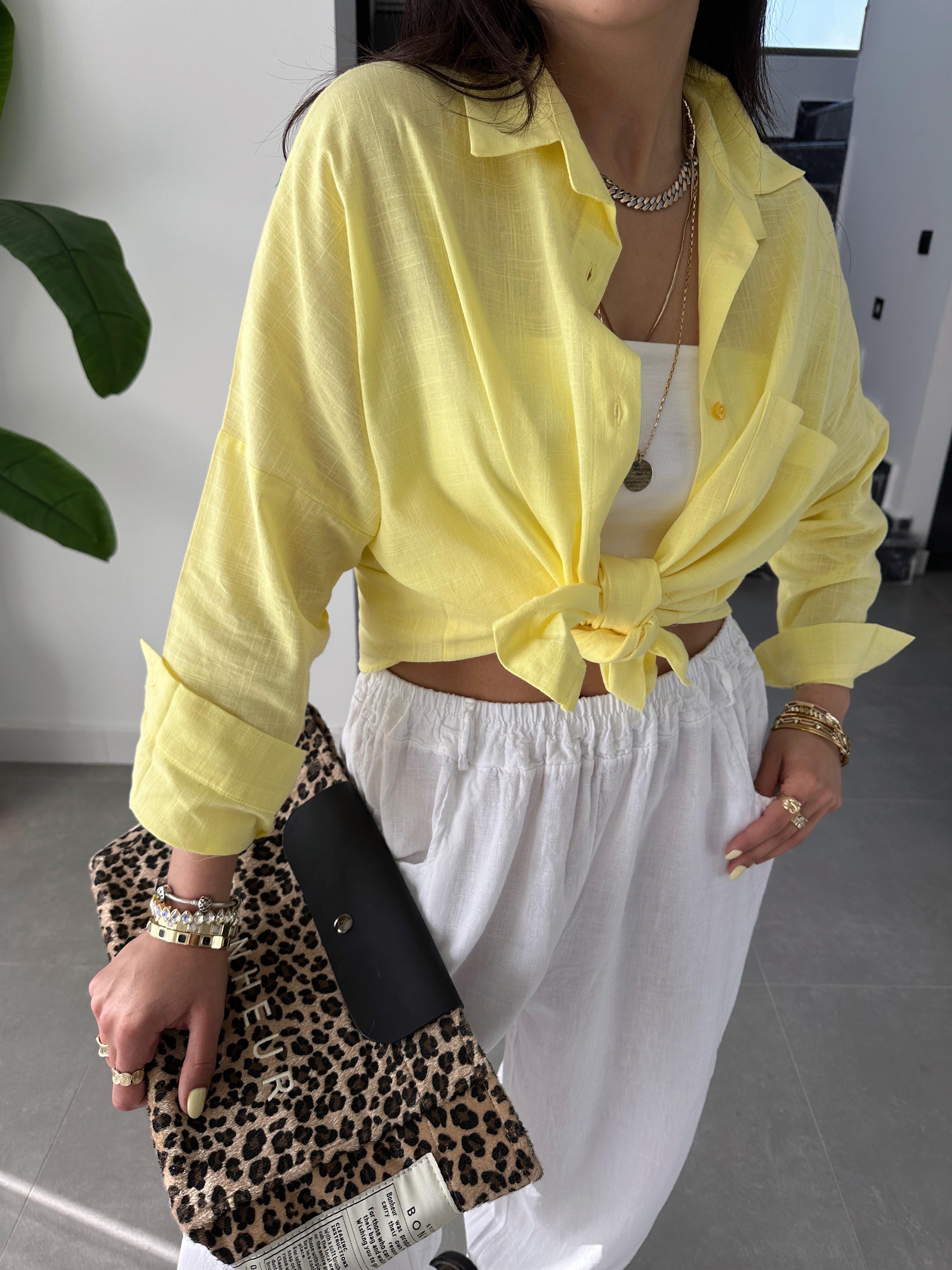 Sarı Flamlı Keten Tek Cep Oversize Gömlek