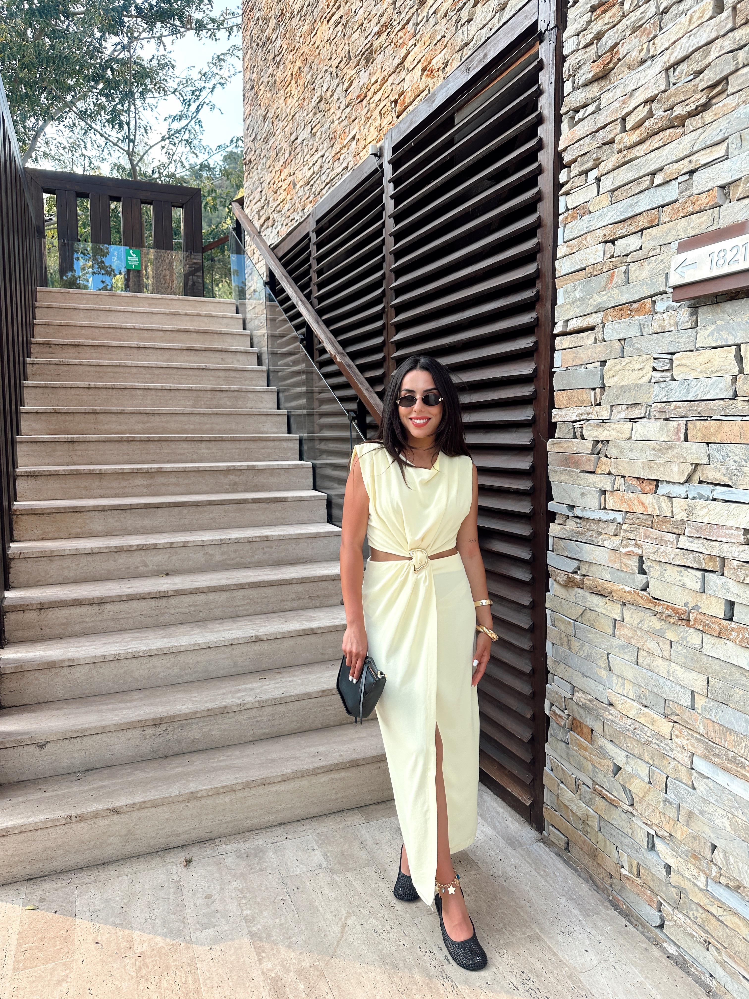 Sarı Gold Toka Detaylı Elbise