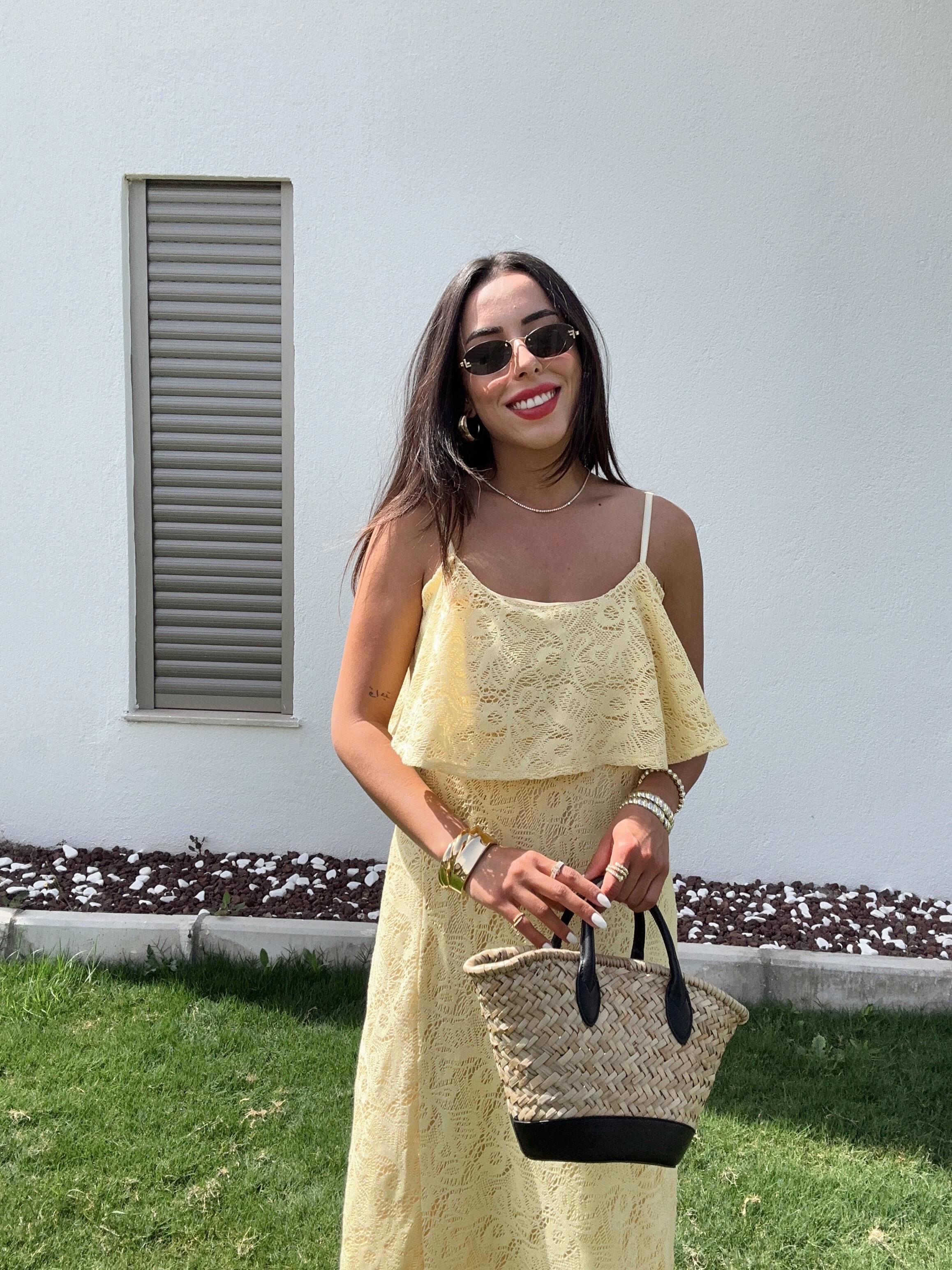 Sarı Pamuk Dantel Askılı Elbise