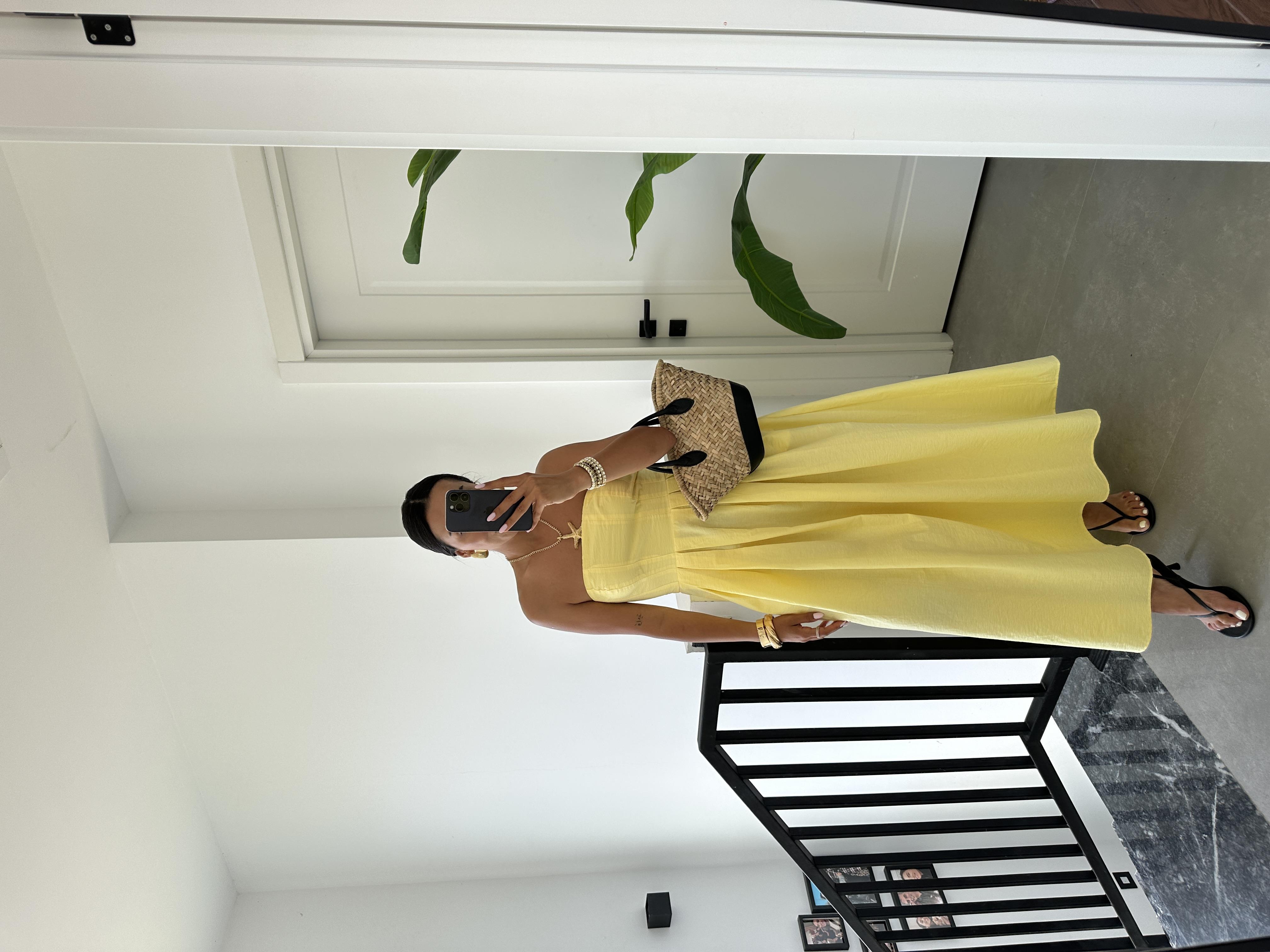 Sarı Poplin Kumaş Straplez Elbise