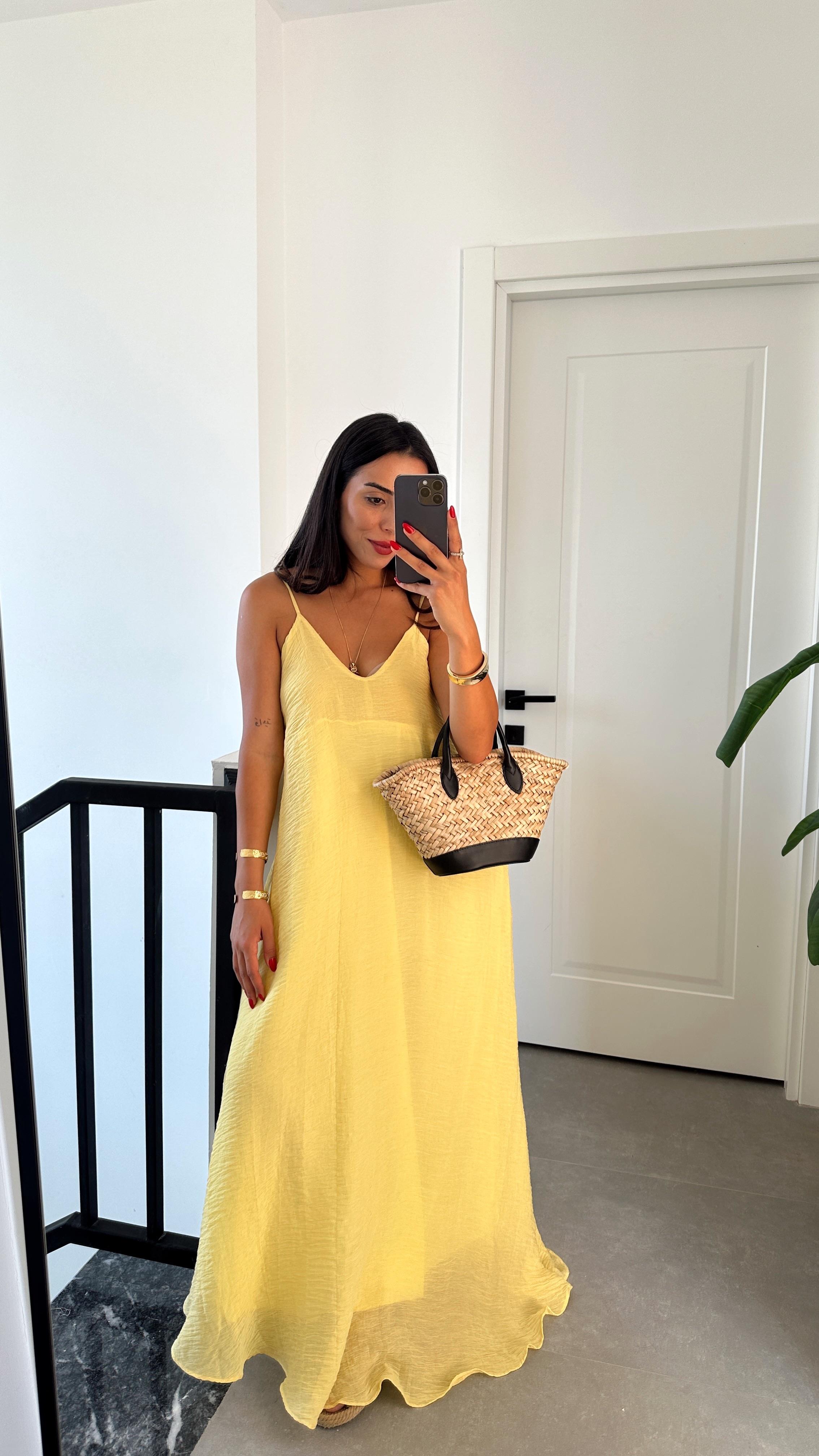 Sarı V Yaka İp Askılı Elbise